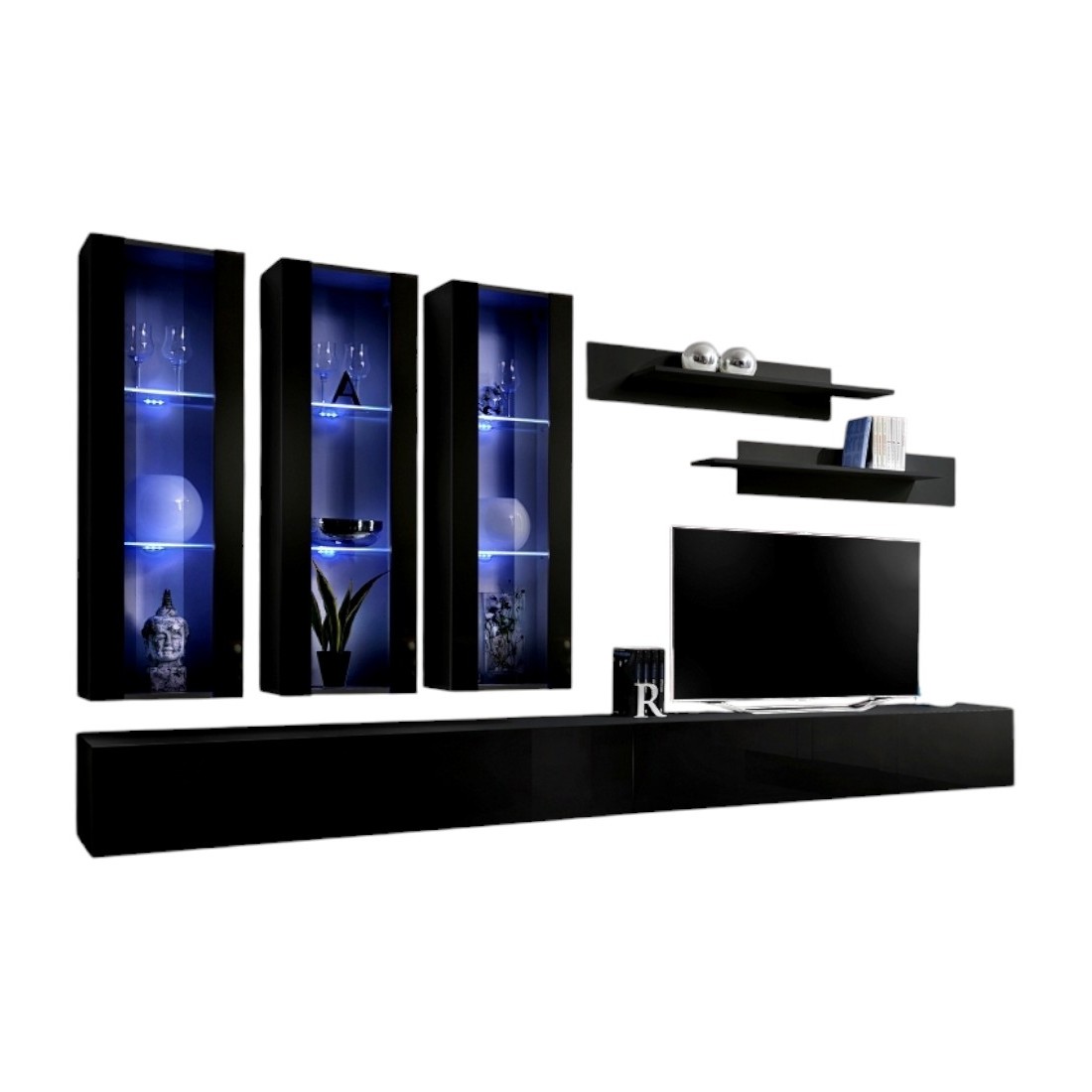 foto del prodotto mobile tv fly e3 design, colore nero lucido. mobile sospeso moderno e alla moda per il tuo soggiorno.