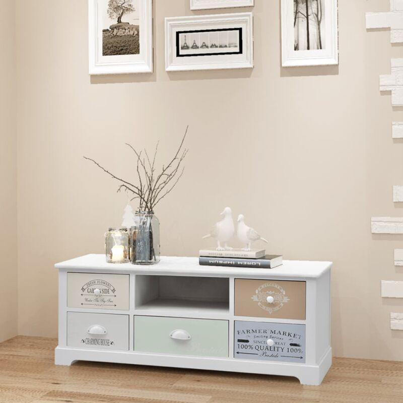 foto del prodotto mobile tv francese mobiletto ingresso shabby in legno di paulownia con cassetti