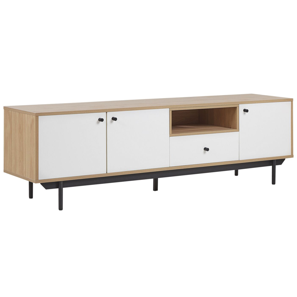 foto del prodotto mobile tv in legno chiaro con bianco per tv fino a 75 in legno pregiato con cassetti e ripiani gestione dei cavi