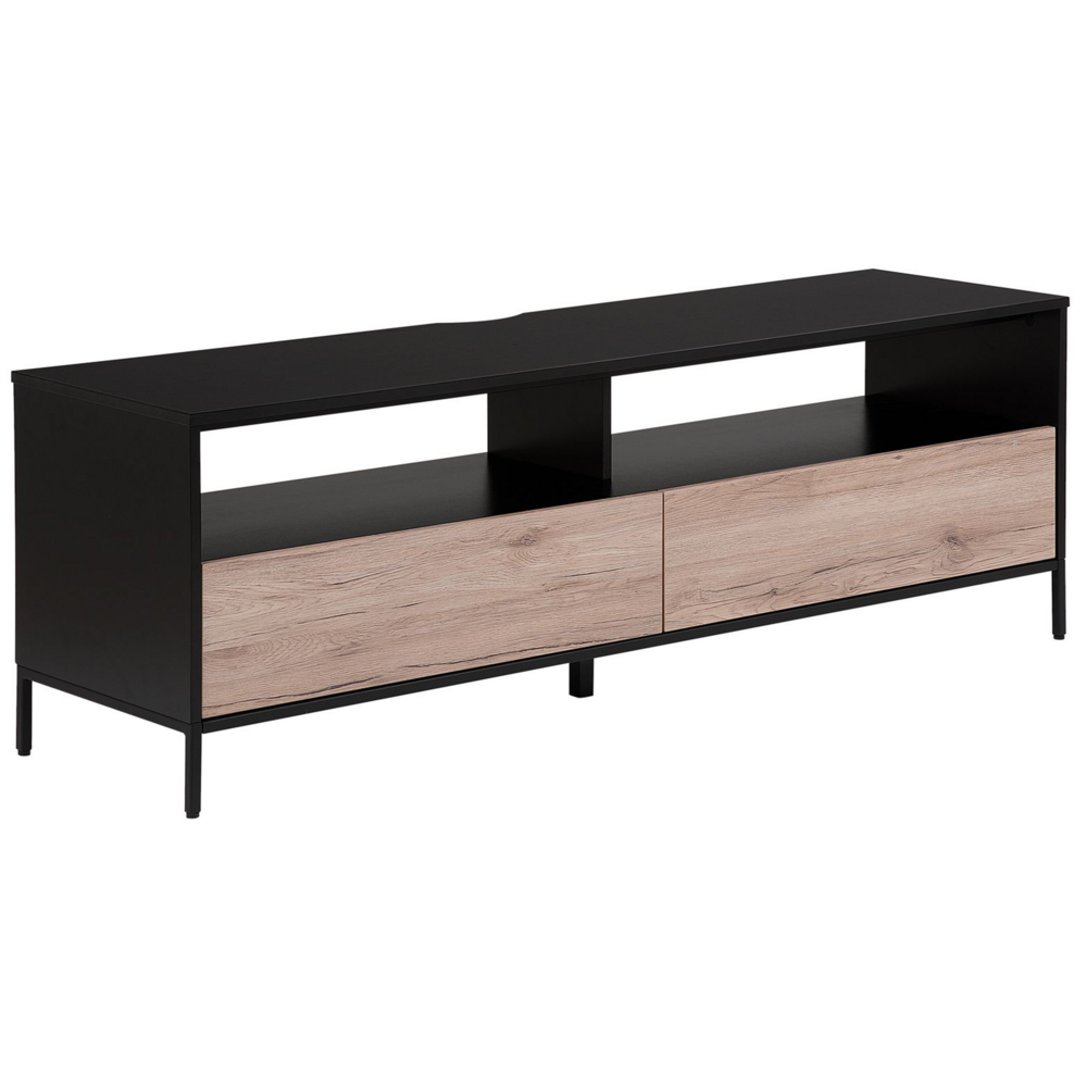 foto del prodotto mobile tv in legno chiaro con nero per tv fino a 70 pollici con ripiani a 2 cassetti