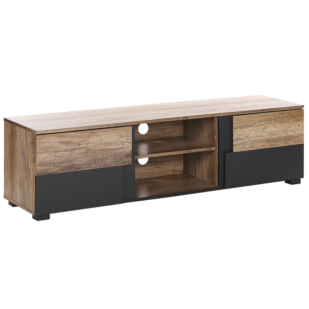 foto del prodotto mobile tv in legno chiaro e truciolare nero per mensole tv 68 39 39 ante fori passacavi design moderno