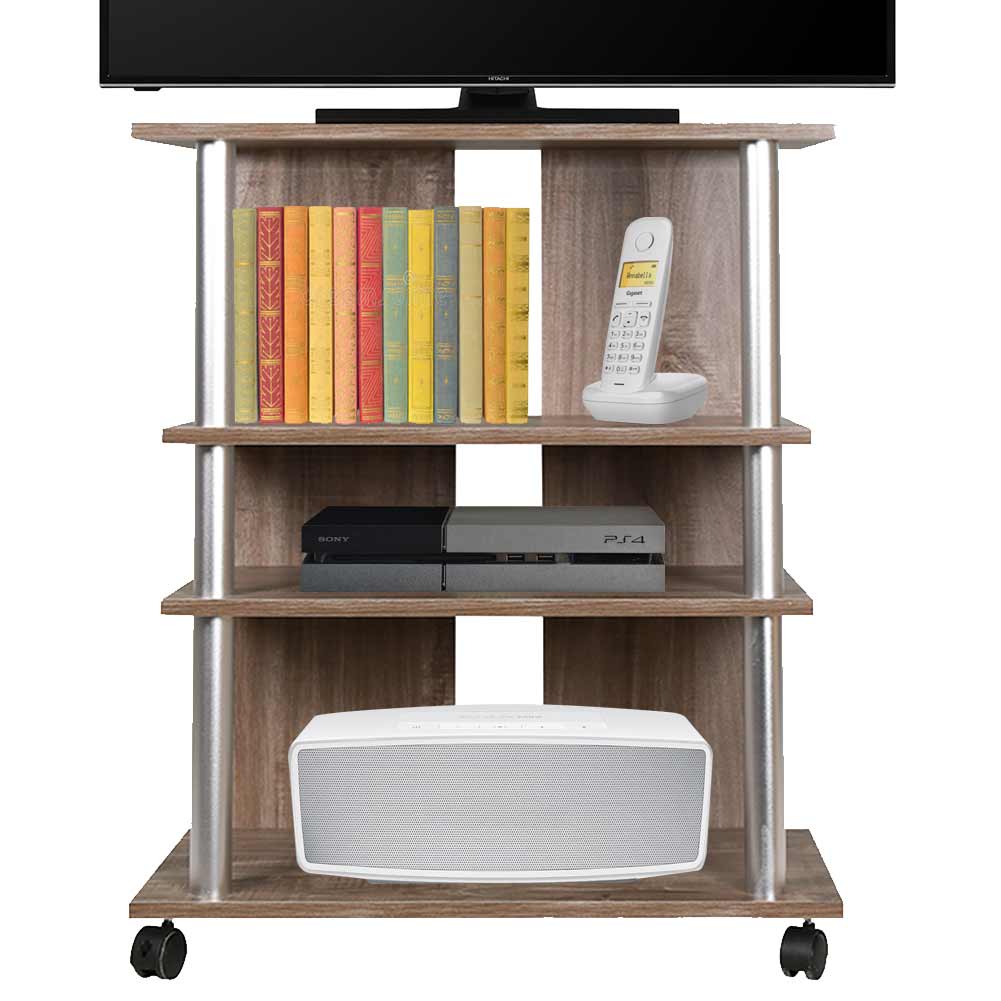 foto del prodotto mobile tv in legno con 3 ripiani e ruote mobiletto carrello televisore brown