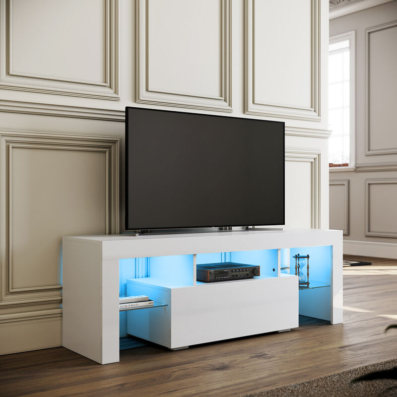 foto del prodotto mobile tv led bianco, mobile tv 130x35x45cm illuminazione led rgb con colore regolabile, portata 30 kg adatto per soggiorno o camera da letto