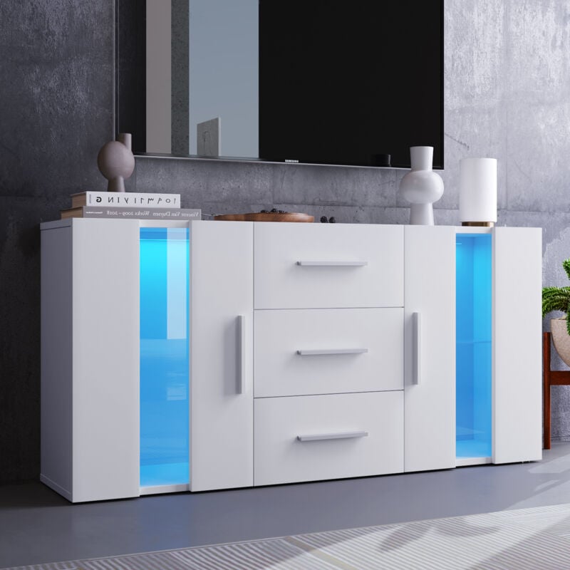 foto del prodotto mobile tv led moderno bianco lucido, mobiletto laterale a 2 ante e 3 cassetti, credenza bassa per soggiorno, sala da pranzo, 140x35x70 cm, bianco.