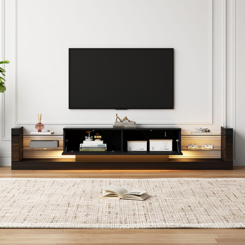 foto del prodotto mobile tv lucido 181x38x38 cm, illuminazione led per tv fino a 80 pollici, frontale in vetro, 2 cassetti pieghevoli, nero