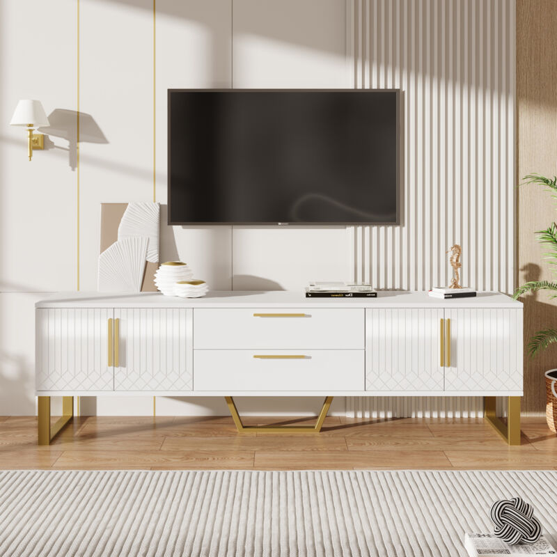 foto del prodotto mobile tv lucido base, maniglie e gambe dorate, anta con texture incisa, soluzione contenitiva per il soggiorno, perfetto connubio tra eleganza,