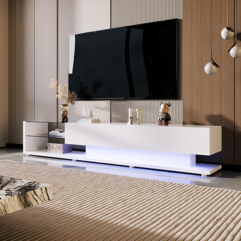 foto del prodotto mobile tv lucido con illuminazione a led, cassettiera porta tv con 2 cassetti grandi ripiani in vetro, design moderno, 170x36x38cm, bianco