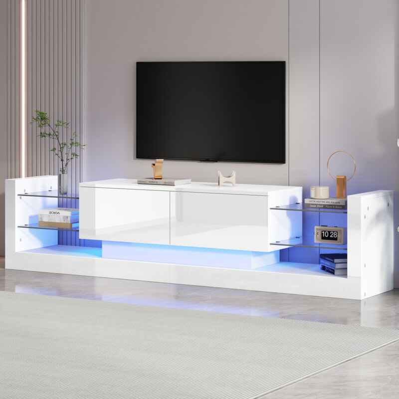 foto del prodotto mobile tv lucido con illuminazione led, 181 cm per tv fino a 80 pollici, frontale in vetro, due cassetti pieghevoli