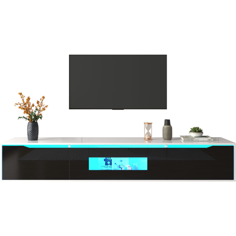 foto del prodotto mobile tv, mobile tv lucido, colori bianco e nero assortiti, con illuminazione a led che cambia colore.