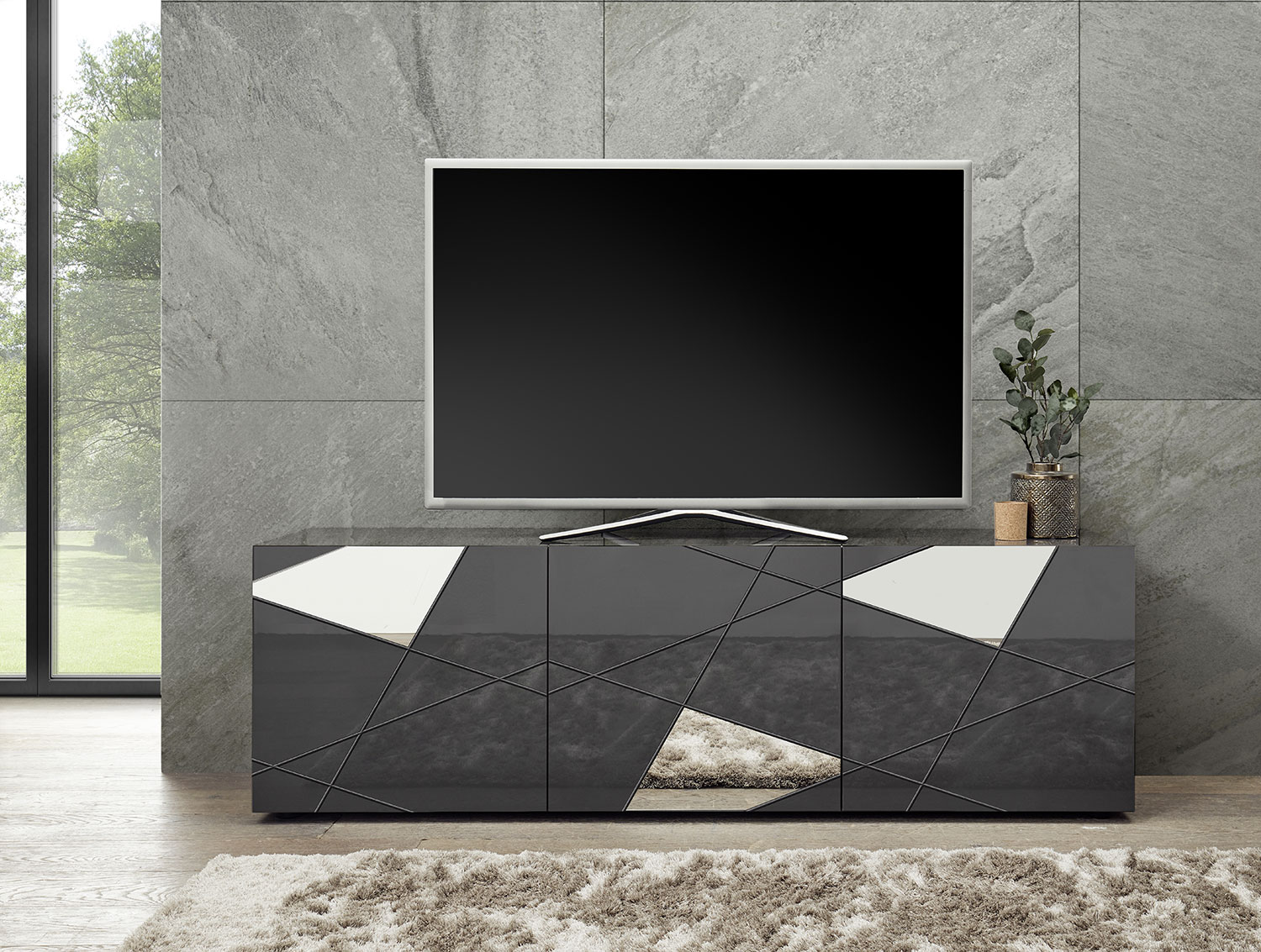 foto del prodotto mobile tv moderno 3 ante con serigrafie e specchi vittoria 180,5x40,5x56,5 cm grigio laccato lucido