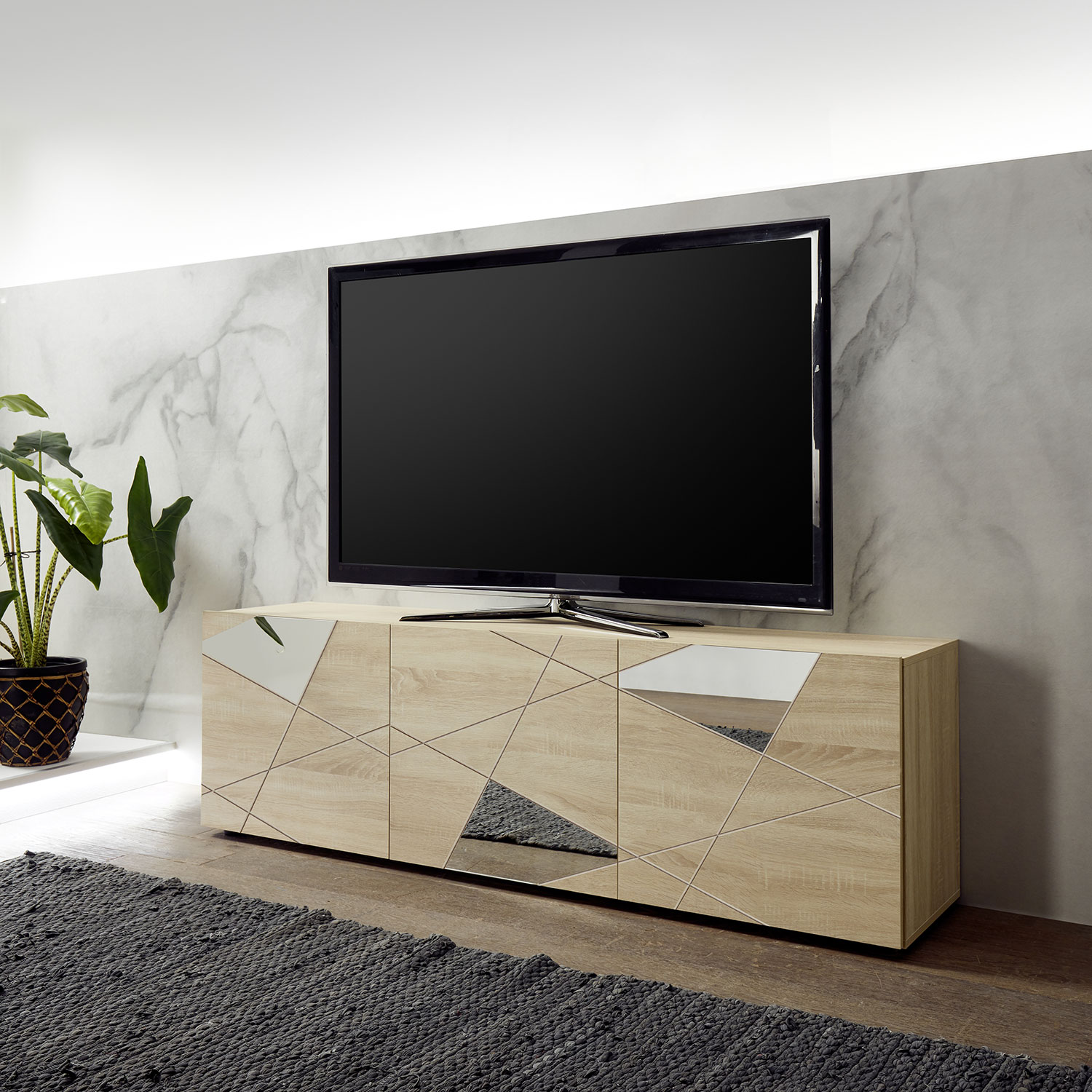 foto del prodotto mobile tv moderno 3 ante con serigrafie e specchi vittoria 180,5x40,5x56,5 cm rovere samoa