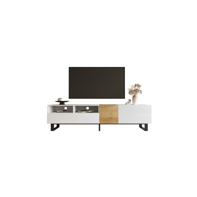 foto del prodotto mobile tv moderno, aspetto bianco e legno, 180 x 50 x 38 cm, design minimalista