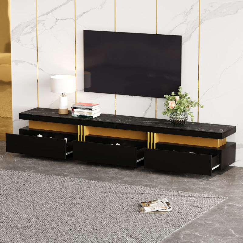 foto del prodotto mobile tv moderno basso in aspetto marmo, mobile tv, cassettiera tv, 200 x 40 x 42 cm per tv fino a 90 pollici, tre cassetti e 1 canalina per cavi
