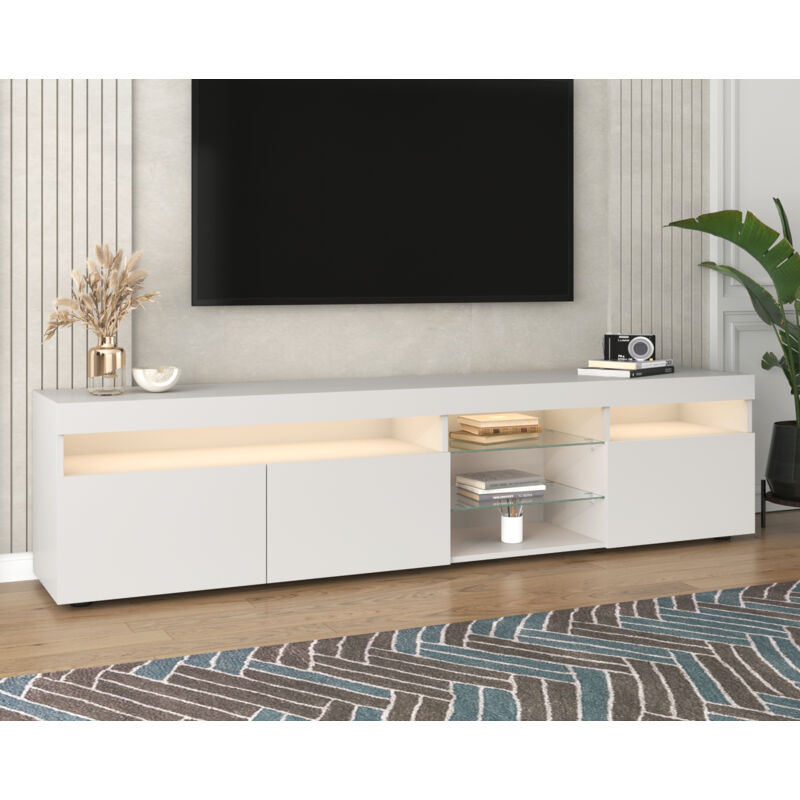 foto del prodotto mobile tv moderno bianco, pannello luminoso, illuminazione led variabile, soggiorno e sala da pranzo 180 cm okwish