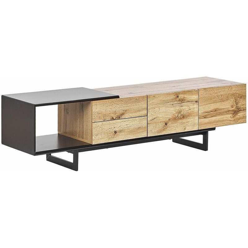 foto del prodotto mobile tv moderno con 2 cassetti e 2 ripiani nero e legno chiaro fiora