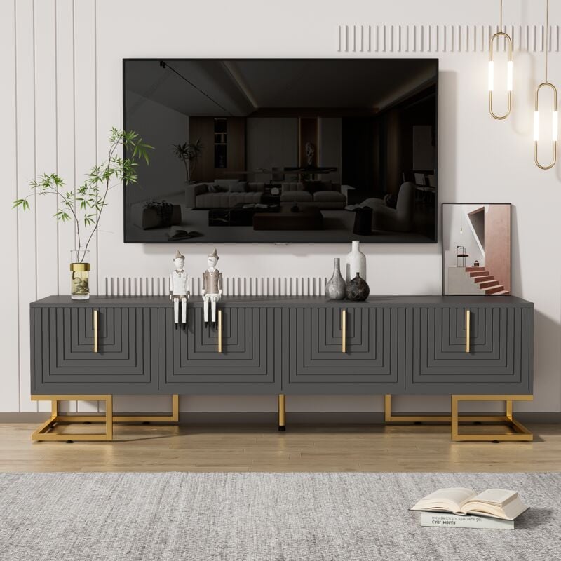 foto del prodotto mobile tv moderno con 4 vani portaoggetti 4 ante dal design unico, maniglie piedini dorati, 170x40x45,5cm, grigio scuro