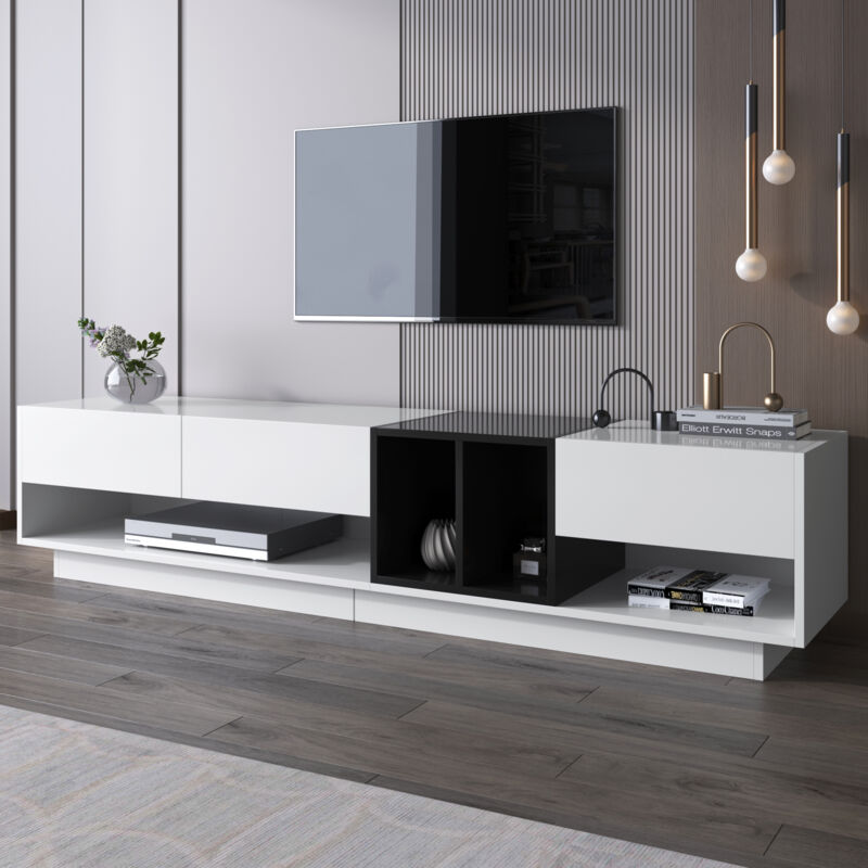 foto del prodotto mobile tv moderno, grande ed elegante, bianco lucido e nero, 3 cassetti e 4 scomparti, contenitore per soggiorno, 190x40x42 cm