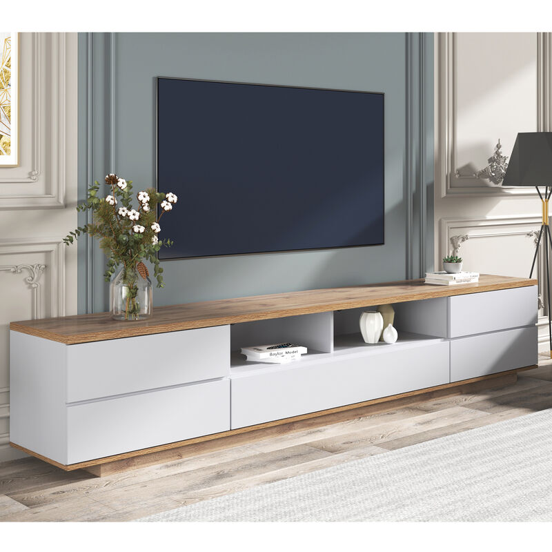 foto del prodotto mobile tv moderno lucido, mobile tv 180 cm con ampio vano portaoggetti e design bicolore, ante con funzione soft close, rovere bianco