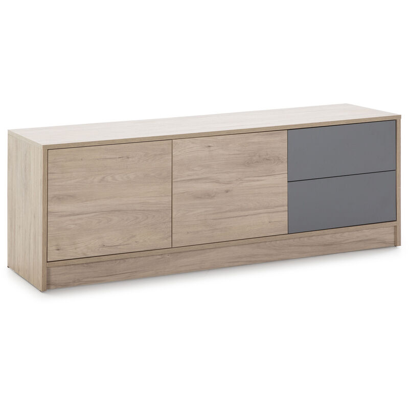foto del prodotto mobile tv panama 2 cassetti 2 porte, color legno e grigio, 136 cm larghezza 40 cm profondit 51 cm altezza 