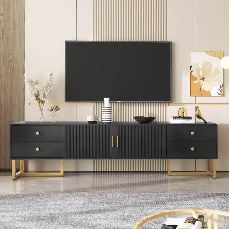 foto del prodotto mobile tv, pannello basso con anta texturizzata, mobile tv con cassetti, maniglie dorate e gambe dorate