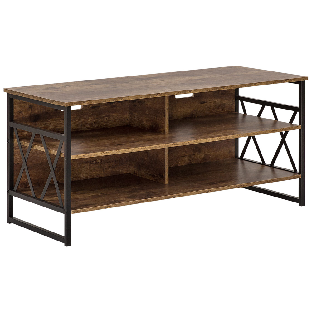 foto del prodotto mobile tv rtv legno scuro metallo e truciolare 4 ripiani mobiletto soggiorno moderno industriale