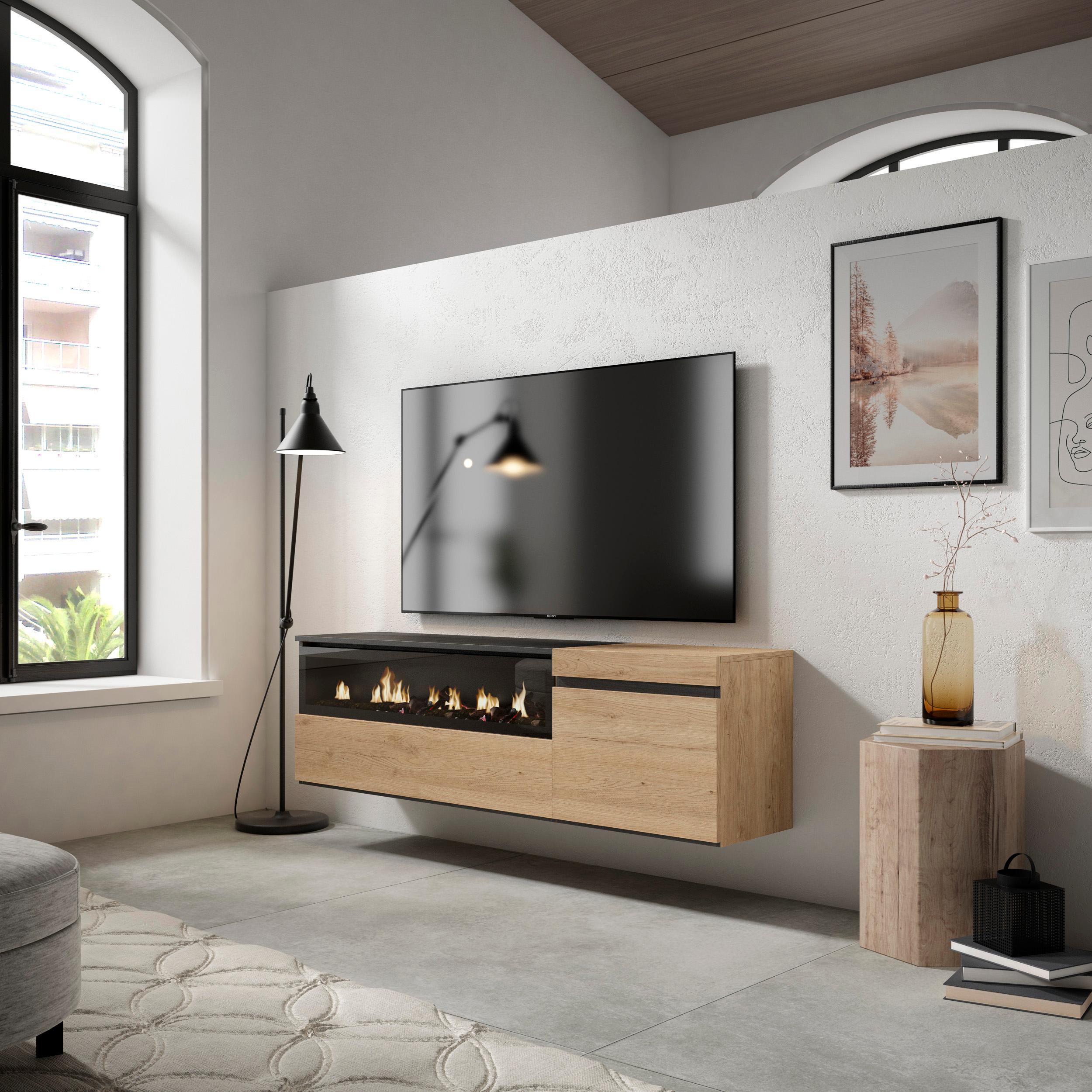 foto del prodotto mobile tv soggiorno, 150x35x45cm, per tv fino a 65"", camino elettrico, da appendere, colore rovere e nero rf2432
