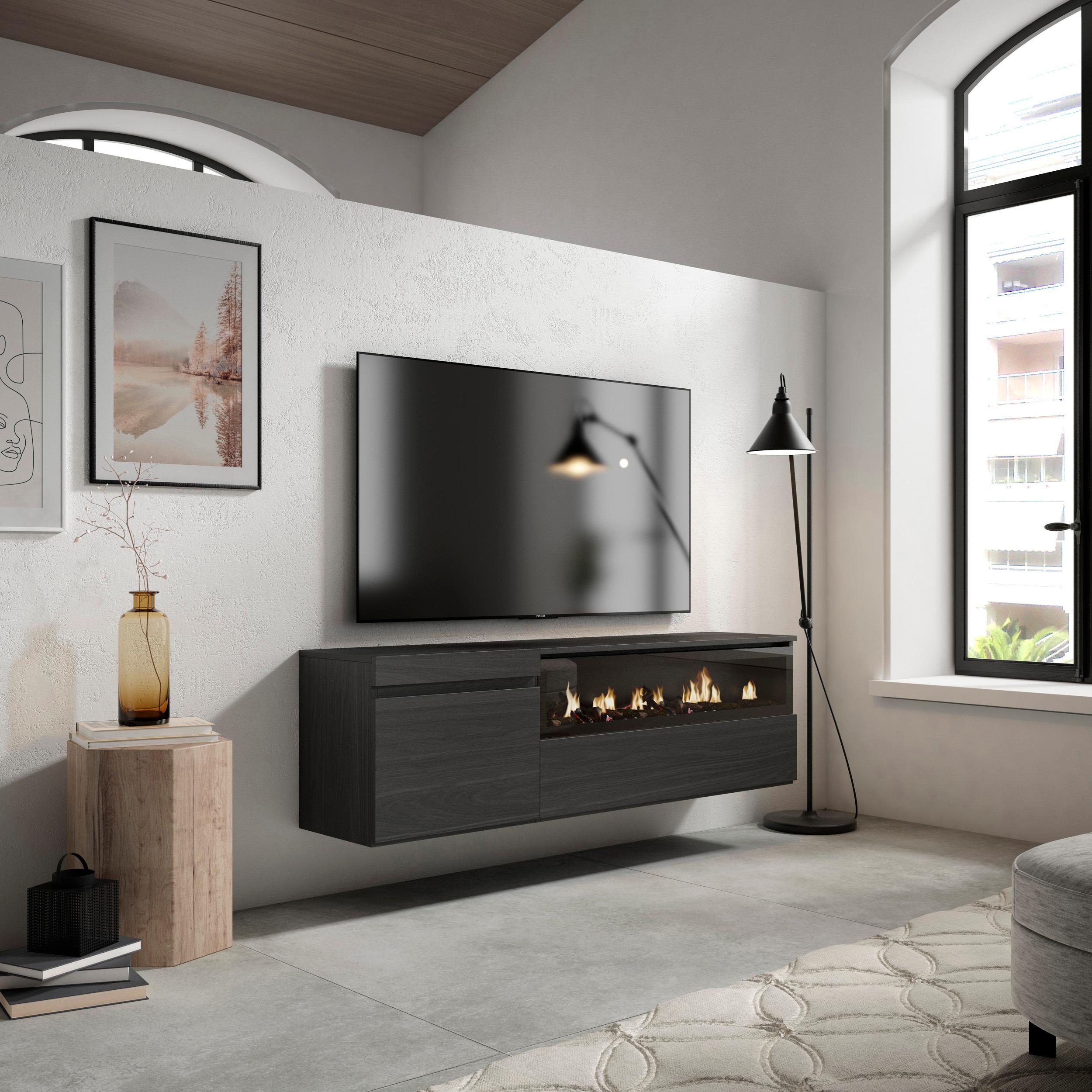 foto del prodotto mobile tv soggiorno, 150x35x45cm, per tv fino a 65"", camino elettrico, da appendere, nero rf2486
