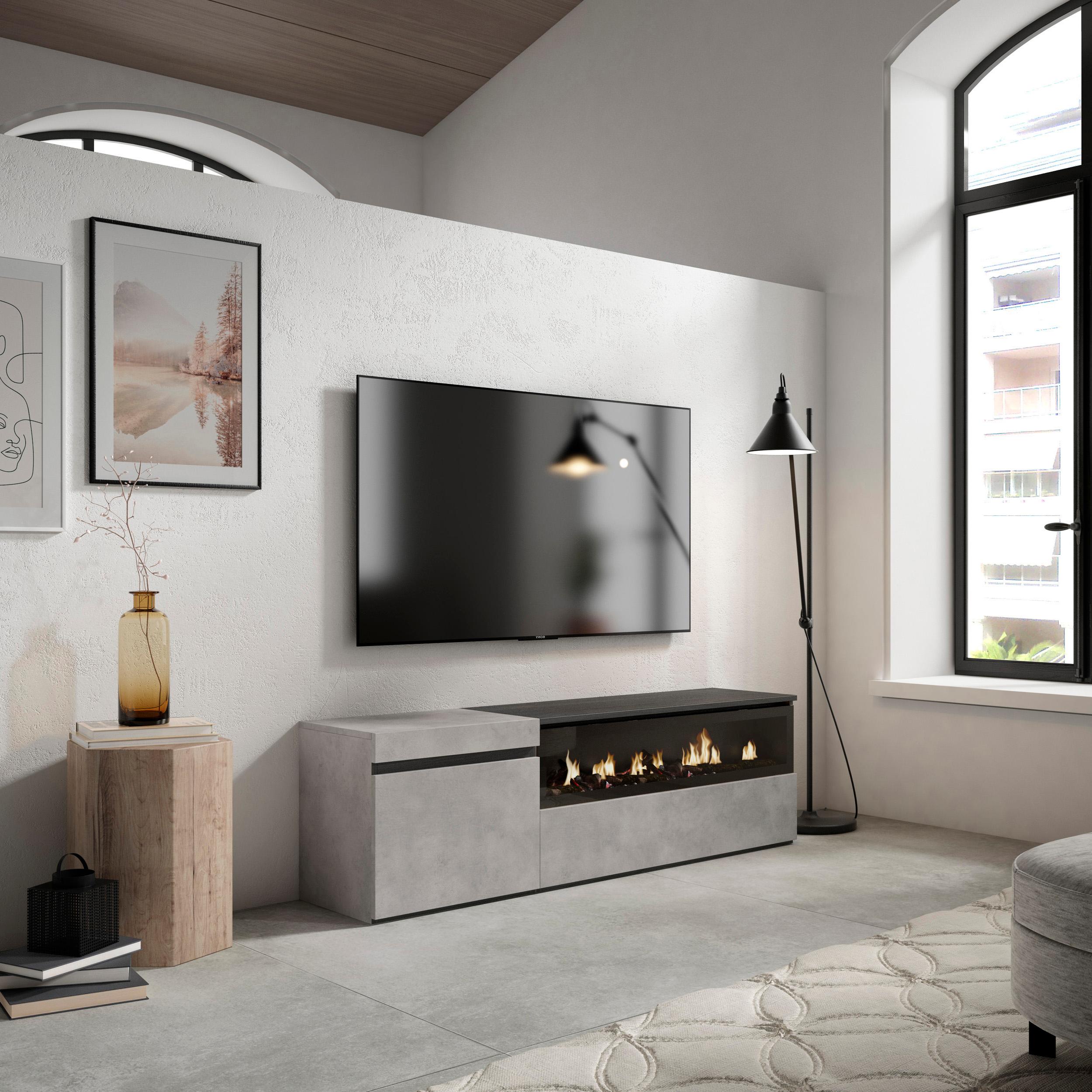 foto del prodotto mobile tv soggiorno, 150x35x45cm, per tv fino a 65, camino elettrico, grigio cemento rf2472