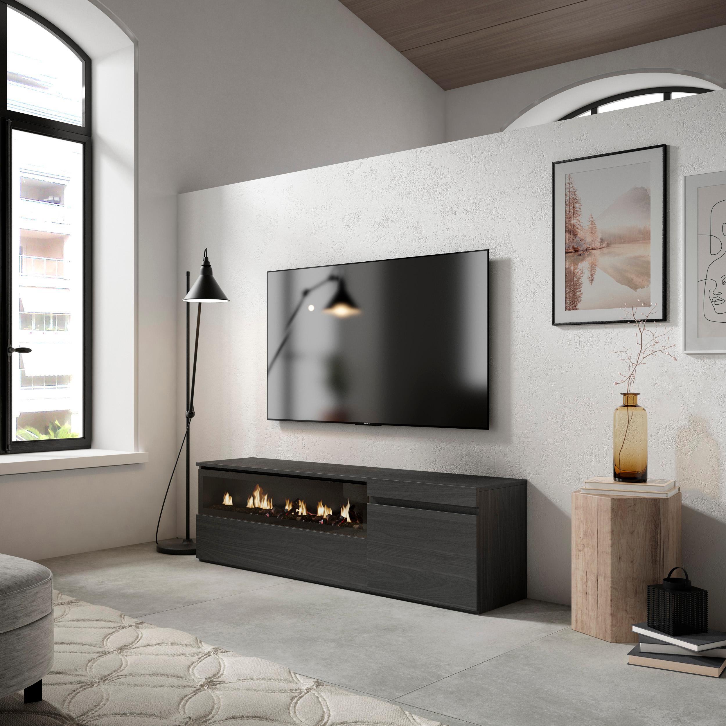 foto del prodotto mobile tv soggiorno, 150x35x45cm, per tv fino a 65, camino elettrico, nero rf2478