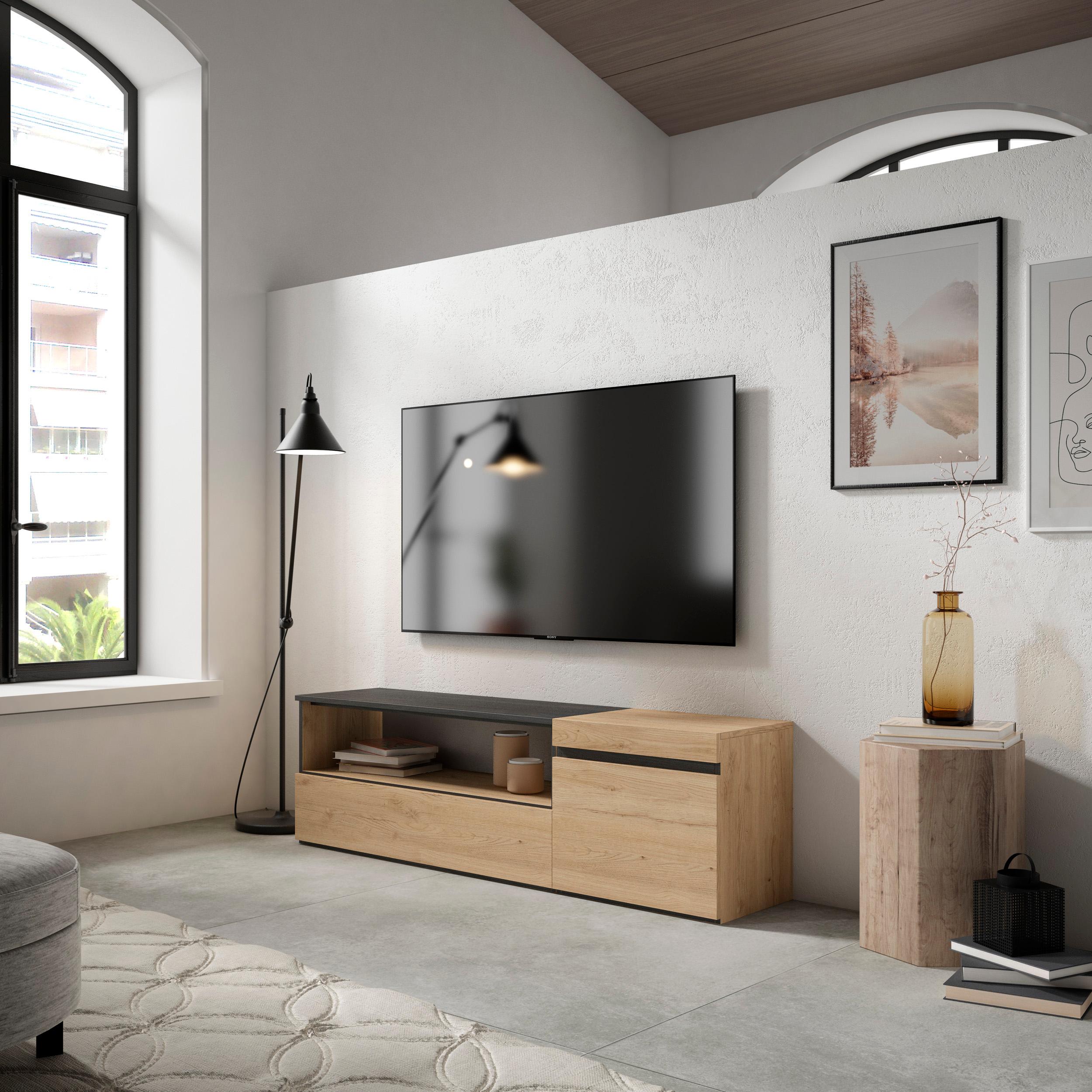 foto del prodotto mobile tv soggiorno, 150x35x45cm, per tv fino a 65 , colore rovere e nero rf2427