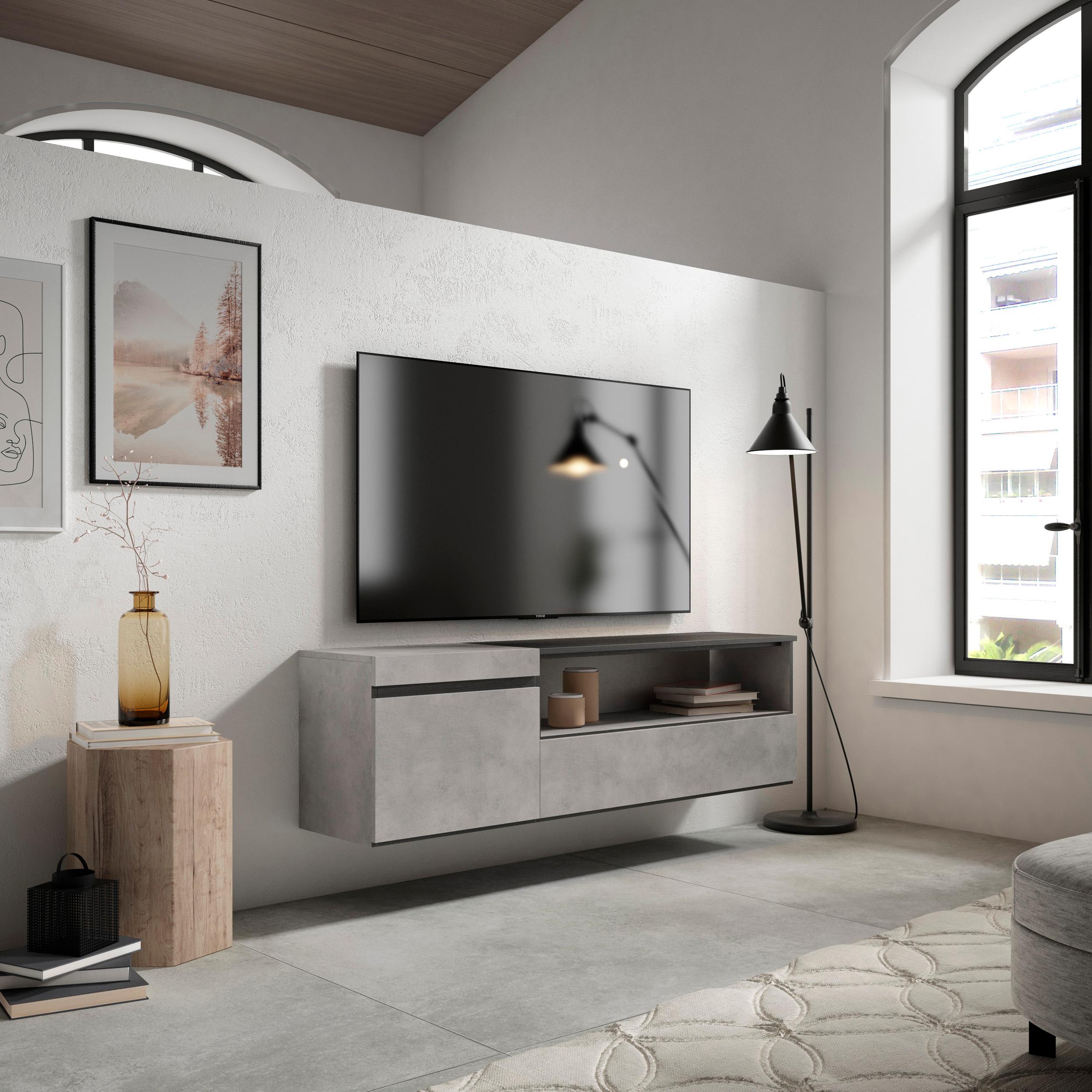 foto del prodotto mobile tv soggiorno, 150x35x45cm, per tv fino a 65, da appendere, grigio cemento rf2471