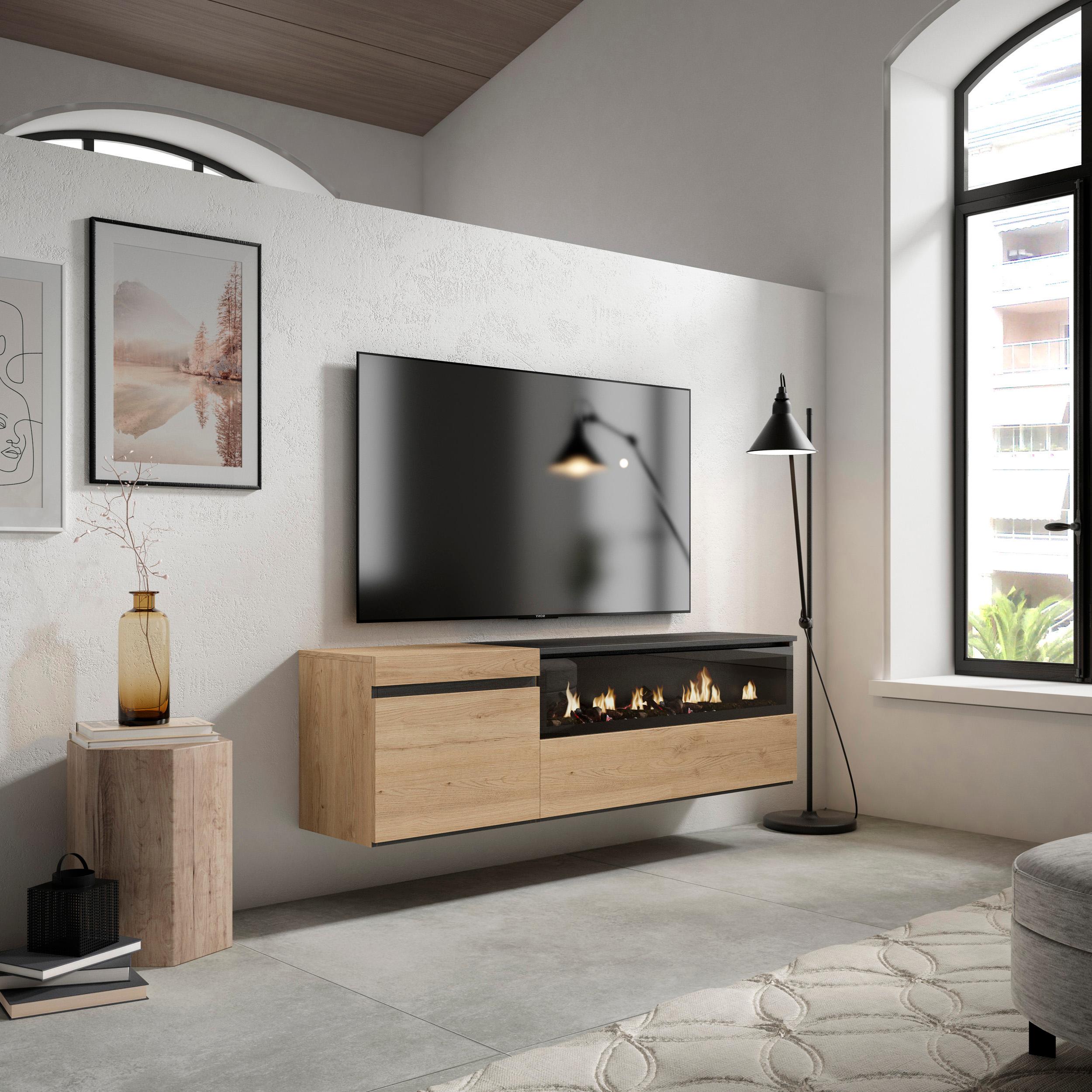 foto del prodotto mobile tv soggiorno, 150x35x45cm, per tv fino a 65 quot , camino elettrico, da appendere, colore rovere e nero rf2438