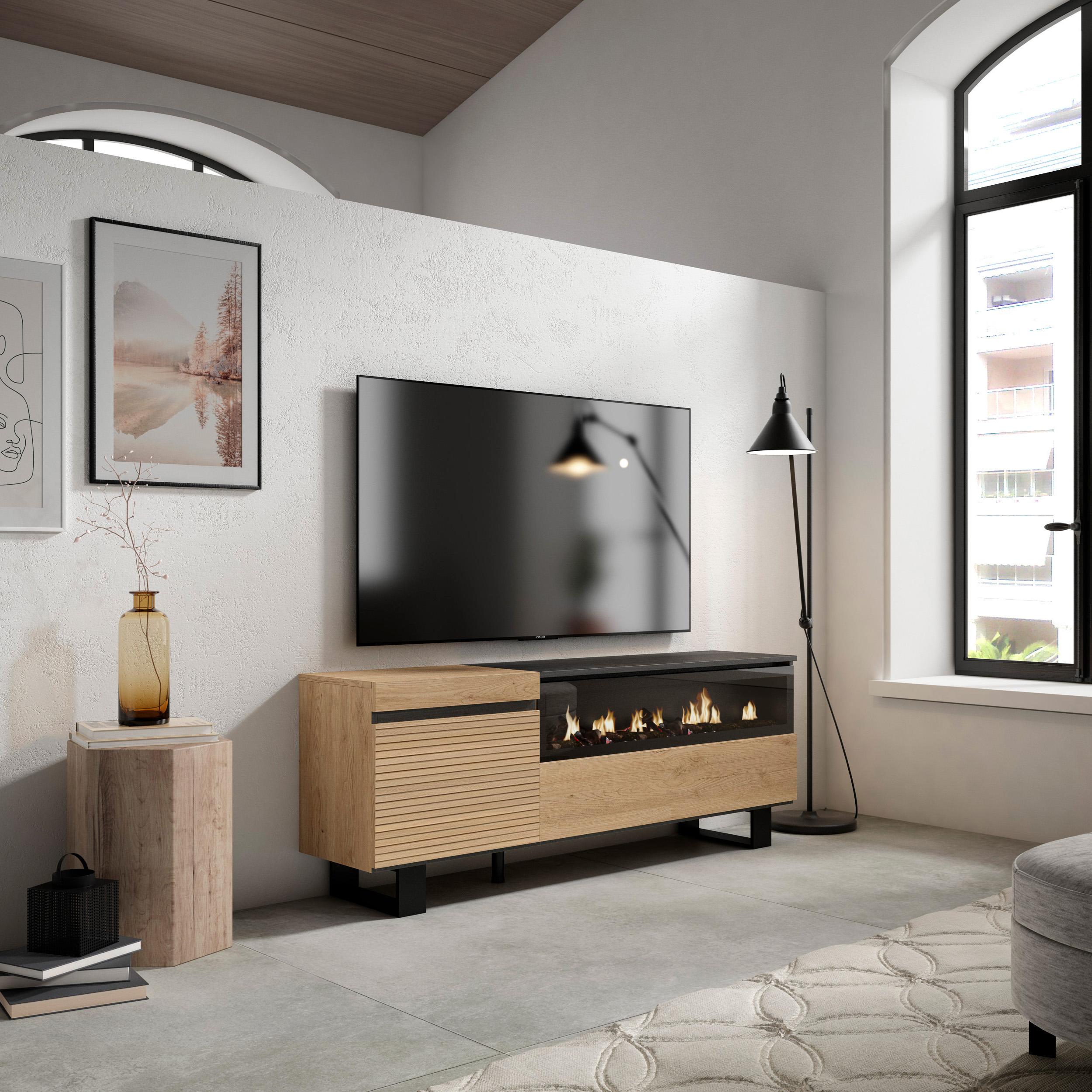 foto del prodotto mobile tv soggiorno, 150x35x57cm, per tv fino a 65, camino elettrico, design industriale, colore rovere rf3303
