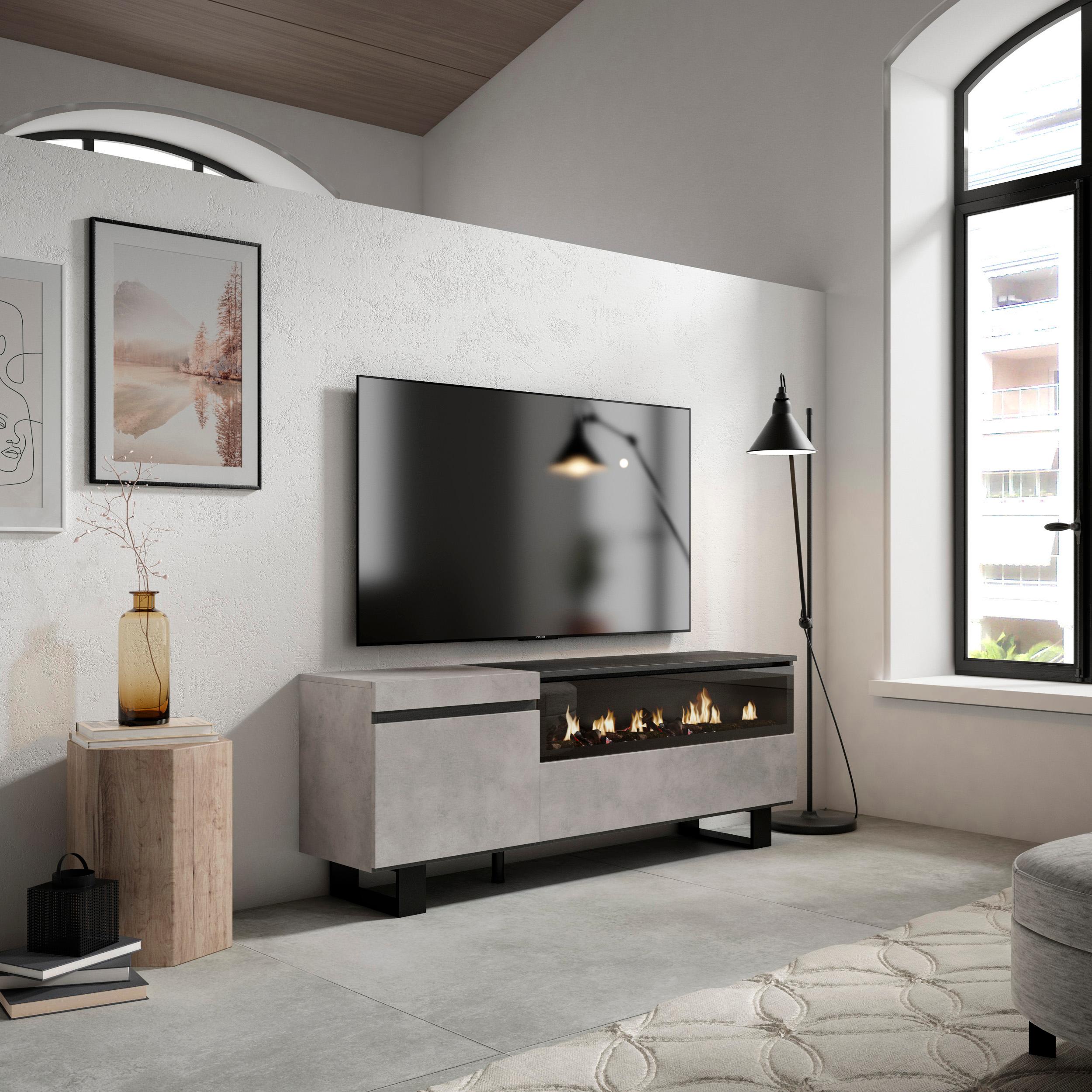 foto del prodotto mobile tv soggiorno, 150x35x57cm, per tv fino a 65, camino elettrico, design industriale, grigio cemento rf2473