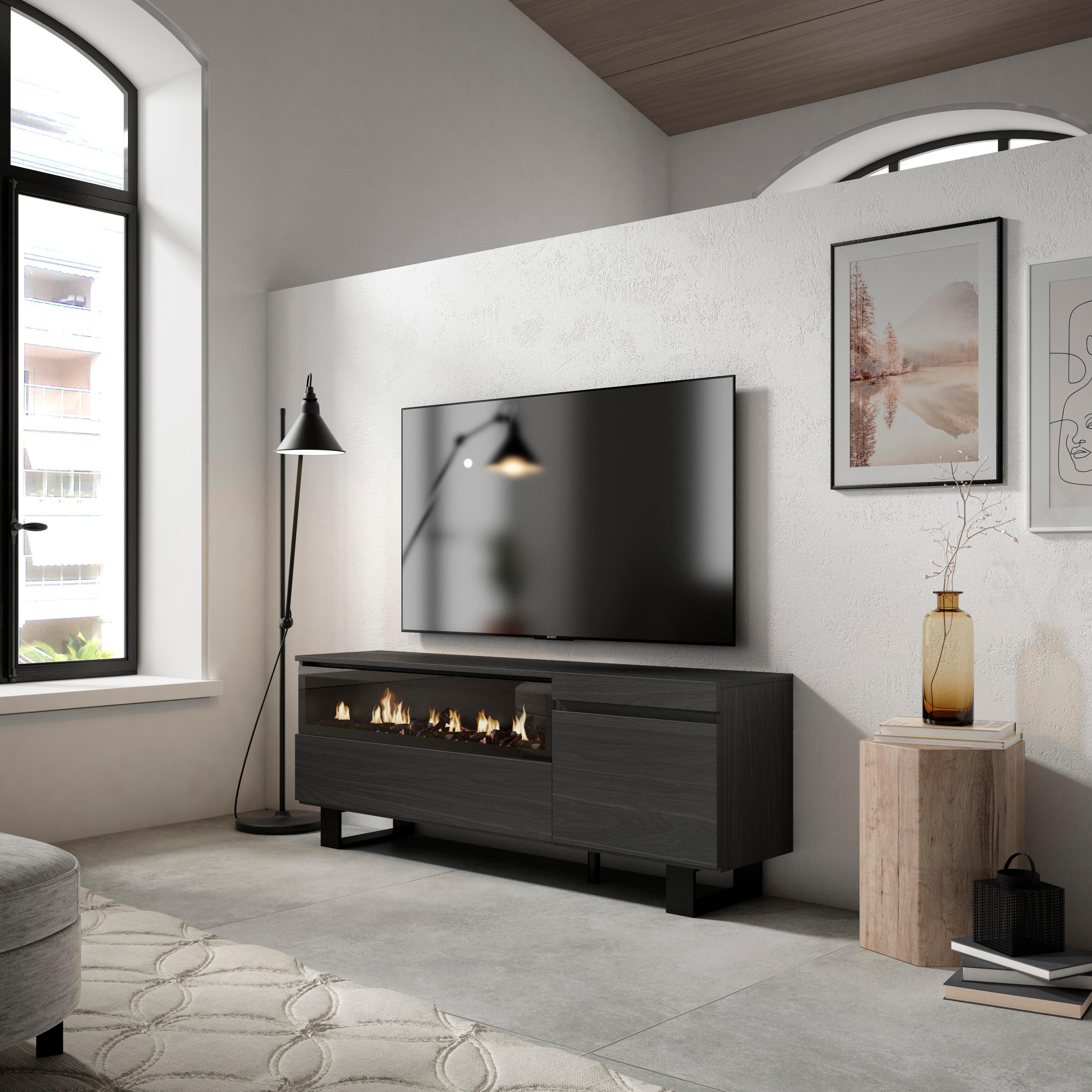 foto del prodotto mobile tv soggiorno, 150x35x57cm, per tv fino a 65"", camino elettrico, design industriale, nero rf2479