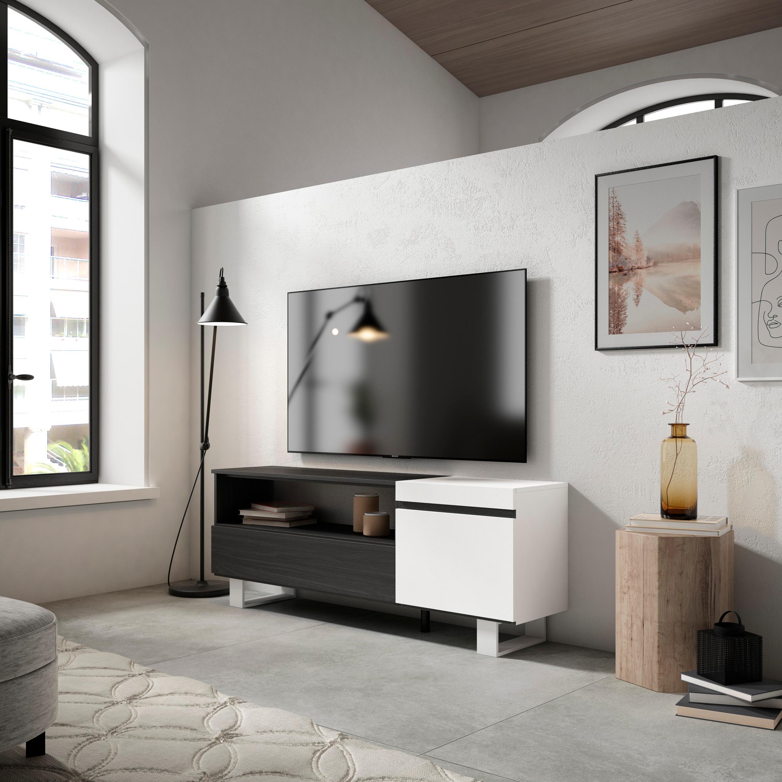 foto del prodotto mobile tv soggiorno, 150x35x57cm, per tv fino a 65, design industriale, bianco e nero rf2440