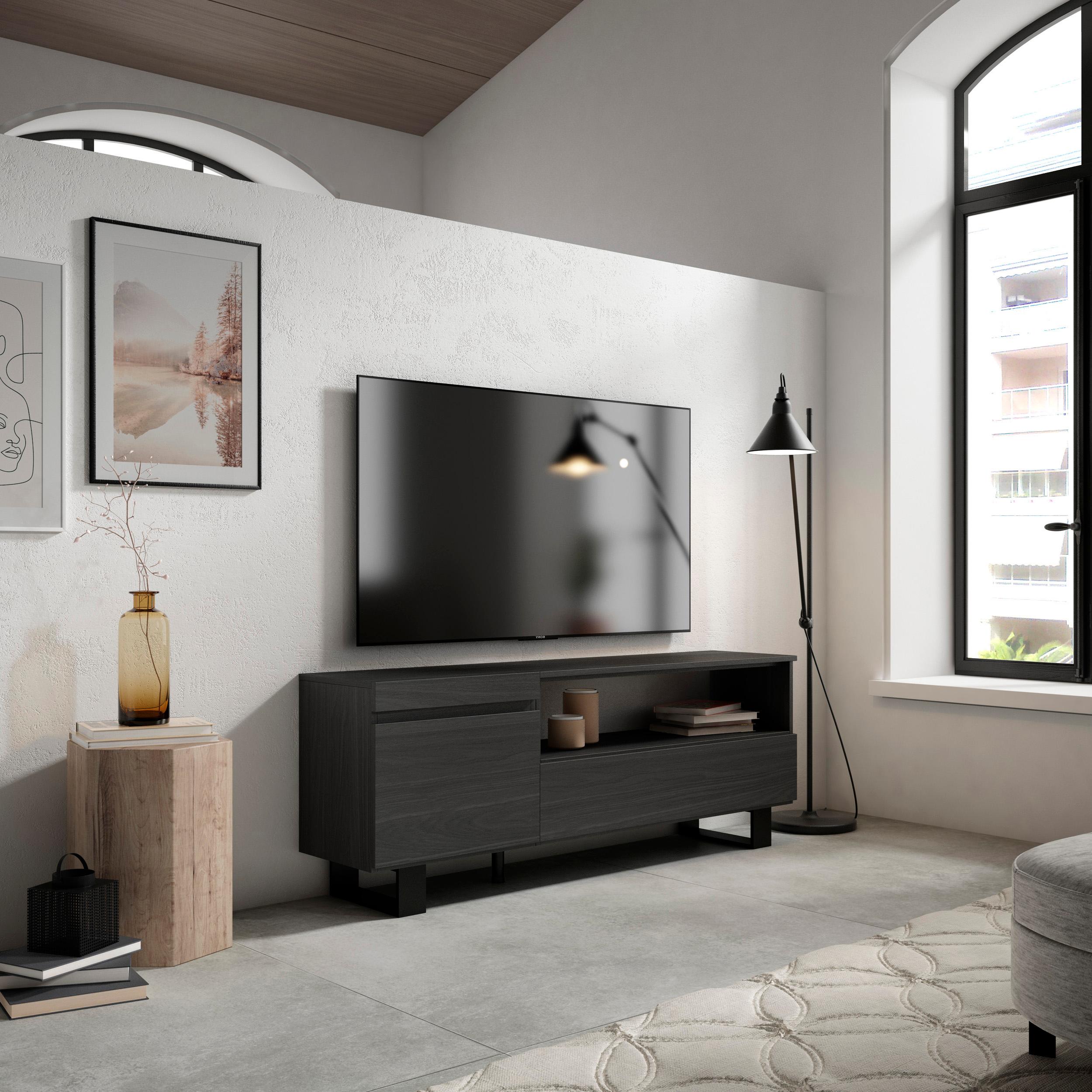 foto del prodotto mobile tv soggiorno, 150x35x57cm, per tv fino a 65"", design industriale, nero rf2482