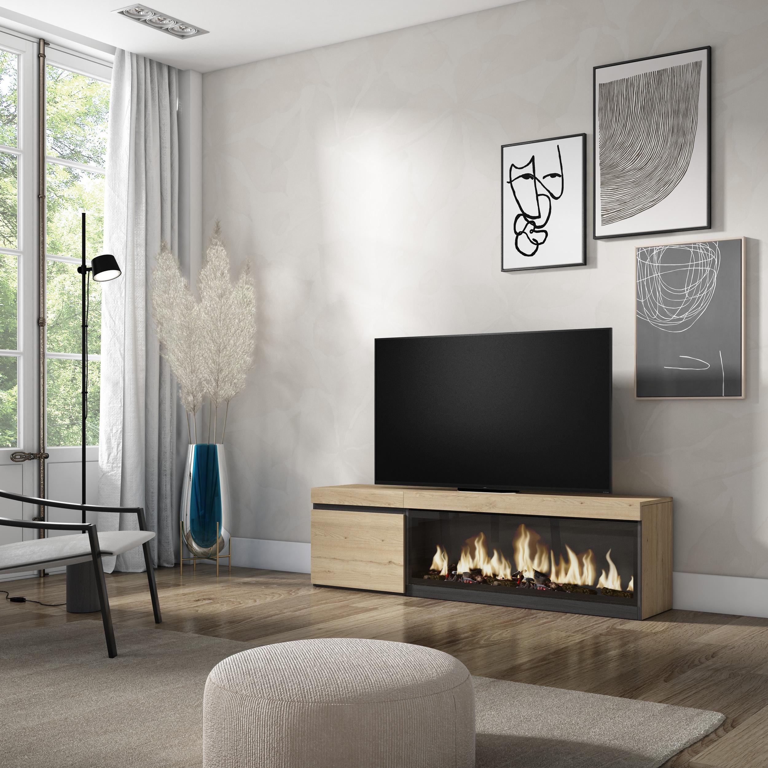 foto del prodotto mobile tv soggiorno, 158x35x45cm, per tv fino a 65"", camino elettrico xxl, colore rovere rf3250