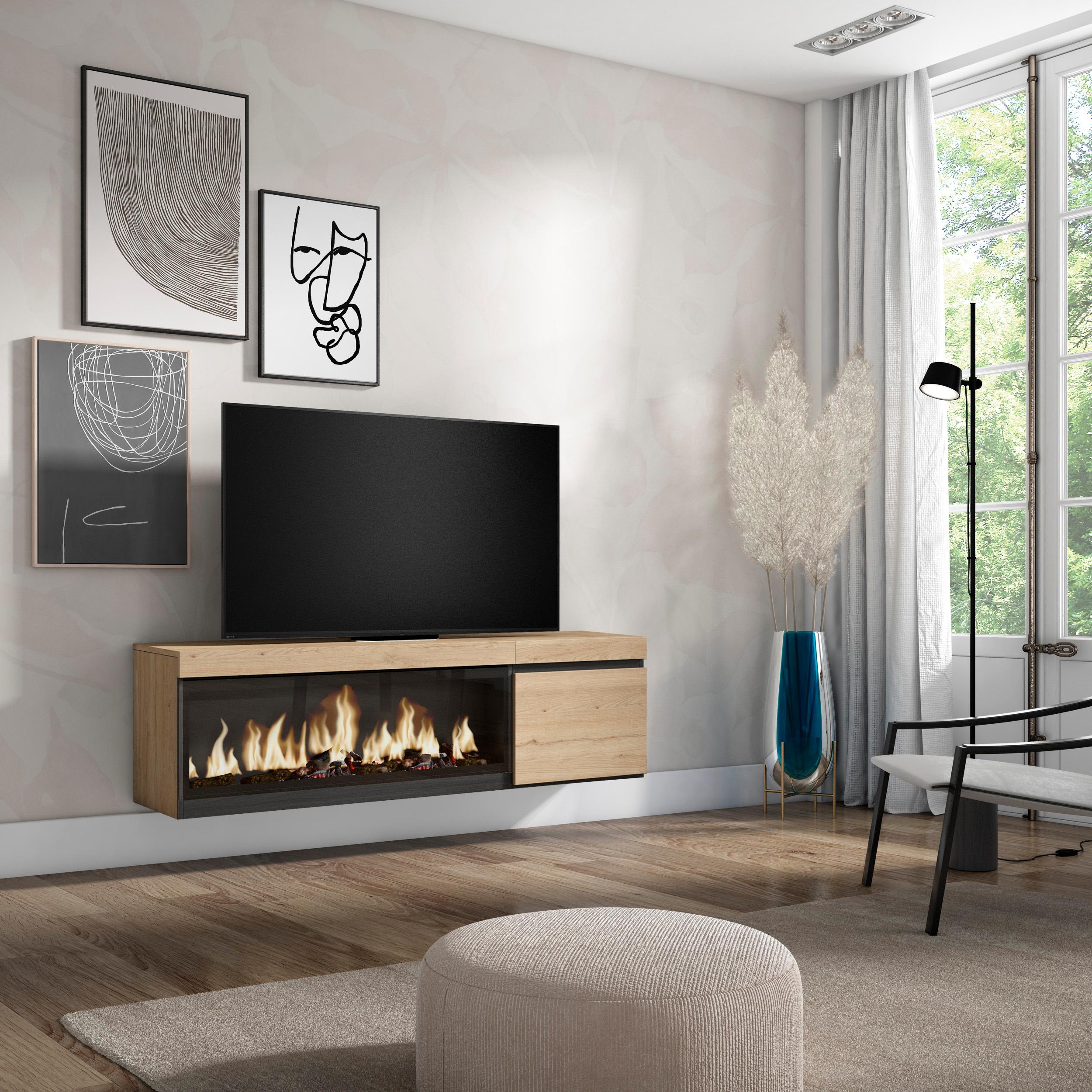 foto del prodotto mobile tv soggiorno, 158x35x45cm, per tv fino a 65"", camino elettrico xxl, da appendere, colore rovere rf3253