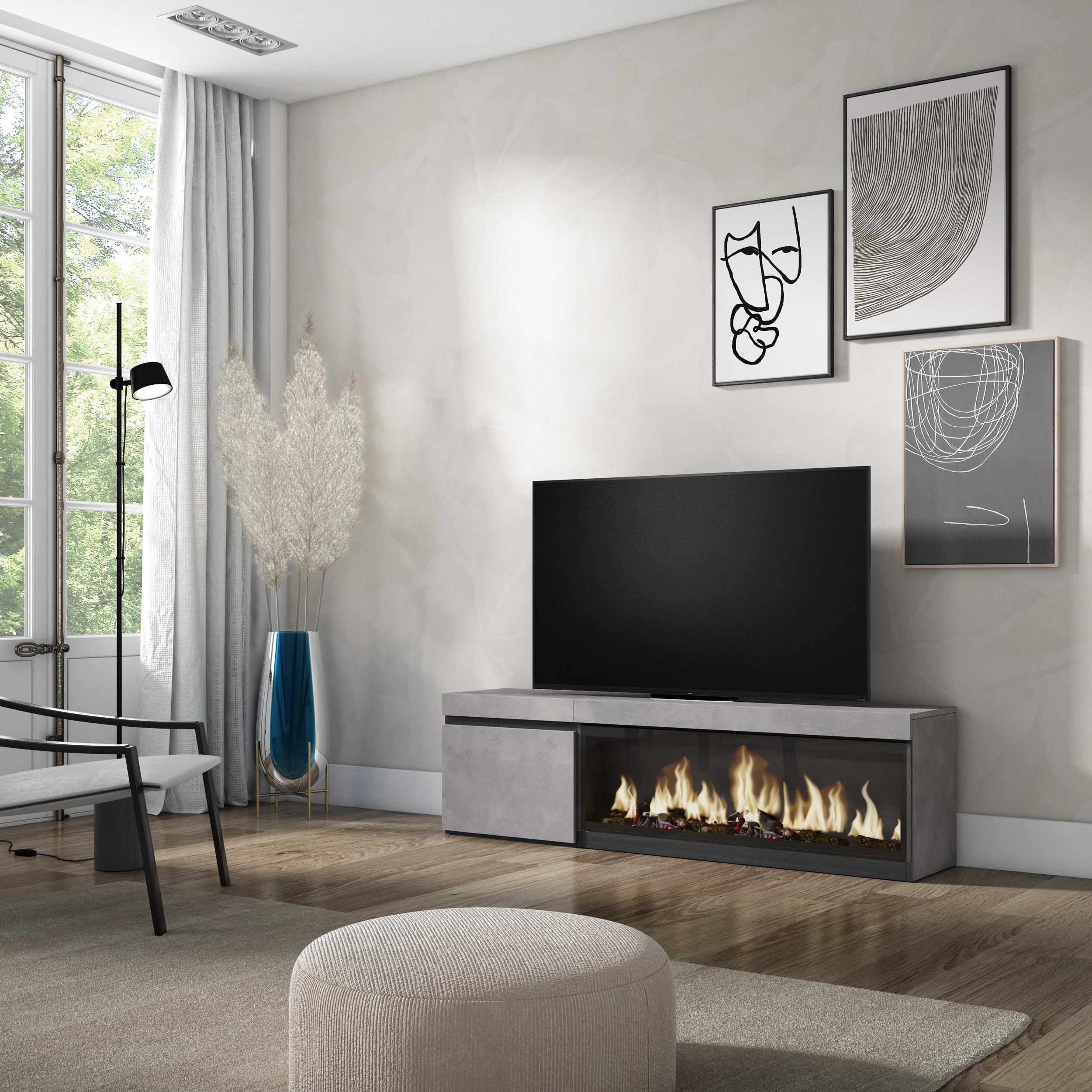 foto del prodotto mobile tv soggiorno, 158x35x45cm, per tv fino a 65 quot , camino elettrico xxl, grigio cemento rf3238