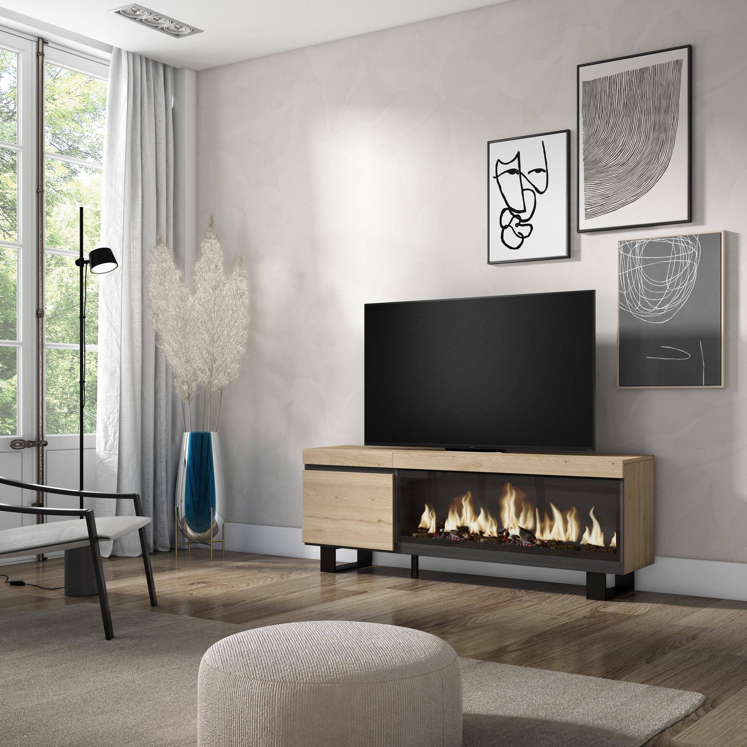 foto del prodotto mobile tv soggiorno, 158x35x57cm, per tv fino a 65"", camino elettrico xxl, design industriale, colore rovere rf3252