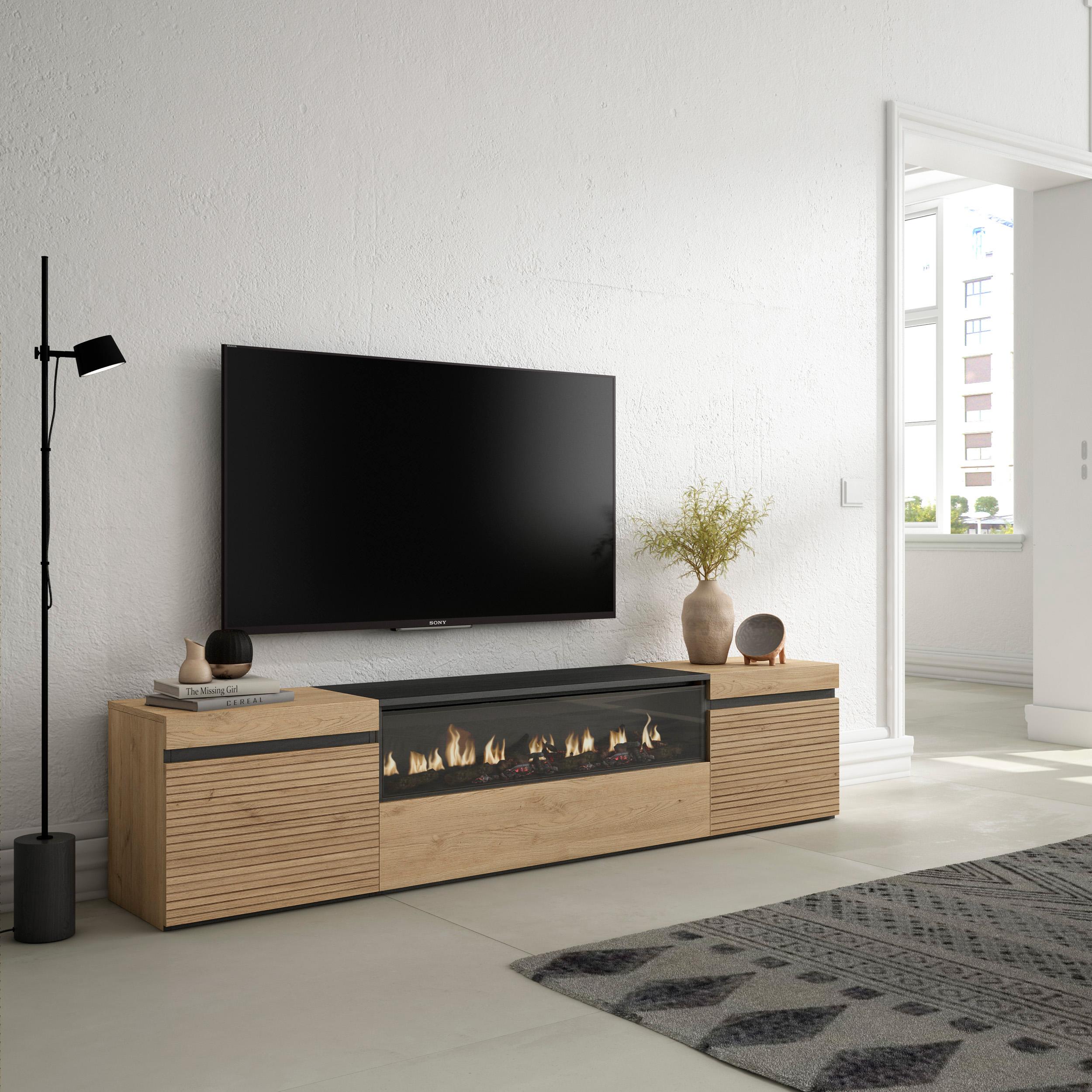 foto del prodotto mobile tv soggiorno, 200x35x45cm, per tv fino a 80, camino elettrico, colore rovere rf3315