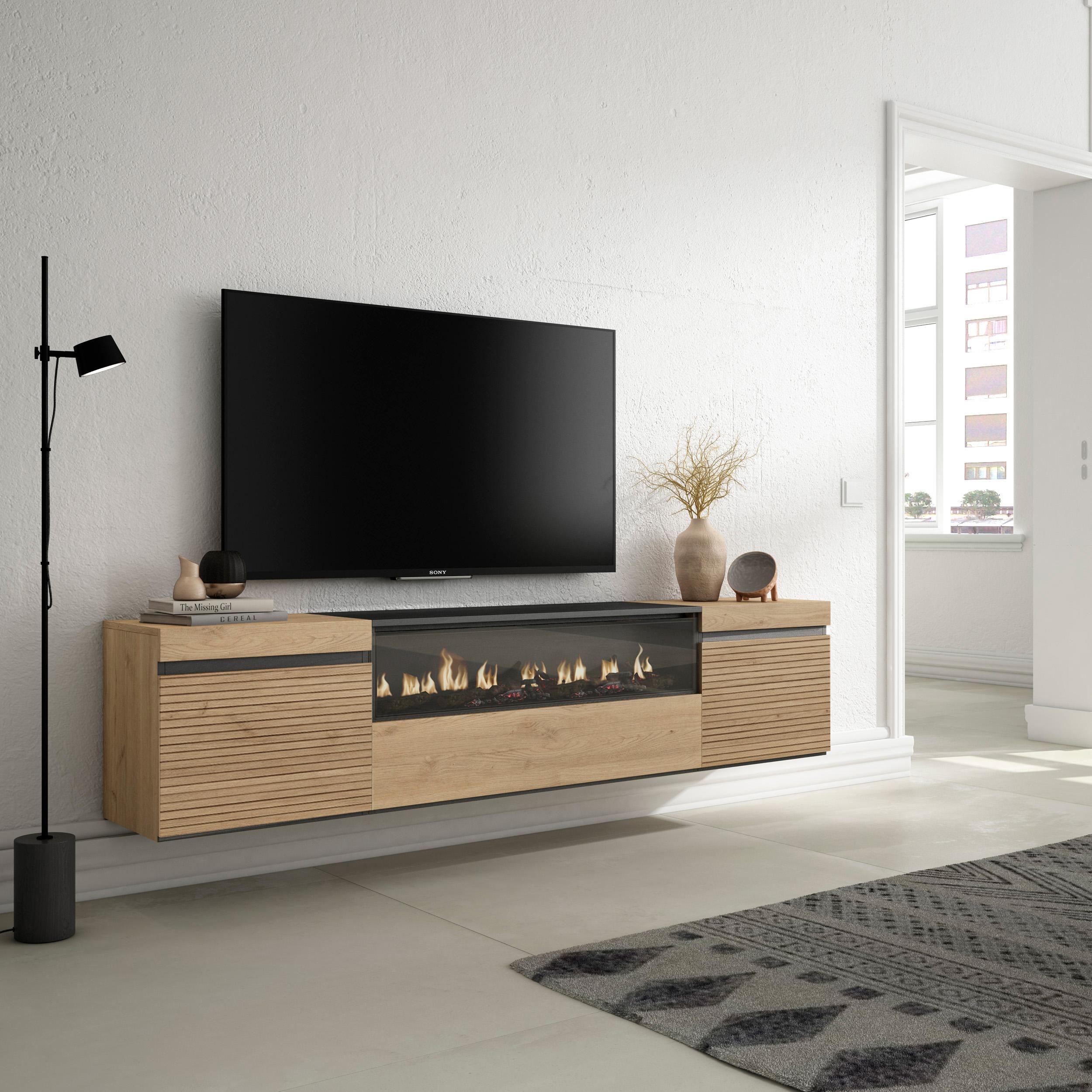 foto del prodotto mobile tv soggiorno, 200x35x45cm, per tv fino a 80, camino elettrico, da appendere, colore rovere rf3317