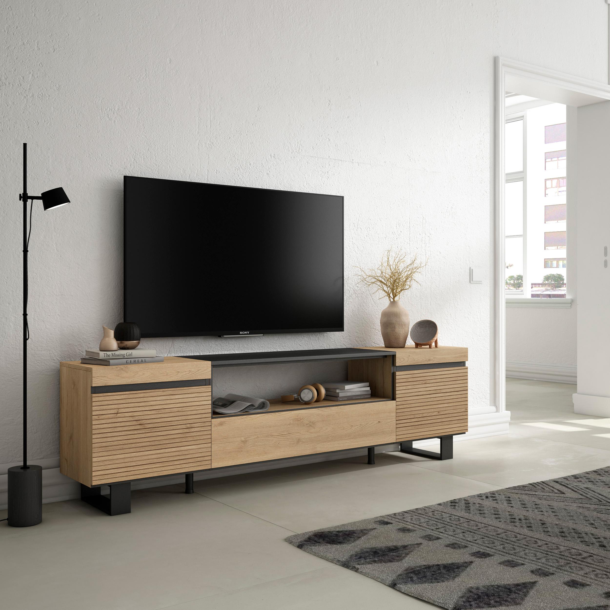 foto del prodotto mobile tv soggiorno, 200x35x57cm, per tv fino a 80"", design industriale, colore rovere rf3313