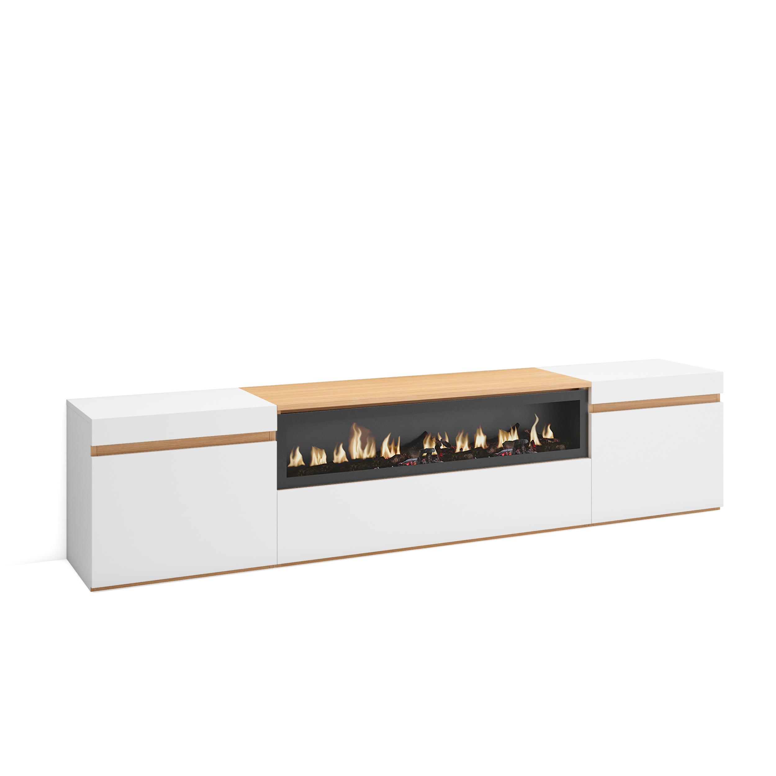 foto del prodotto mobile tv soggiorno, 200x45x35cm, per tv fino a 80 quot , camino elettrico, bianco e rovere soft