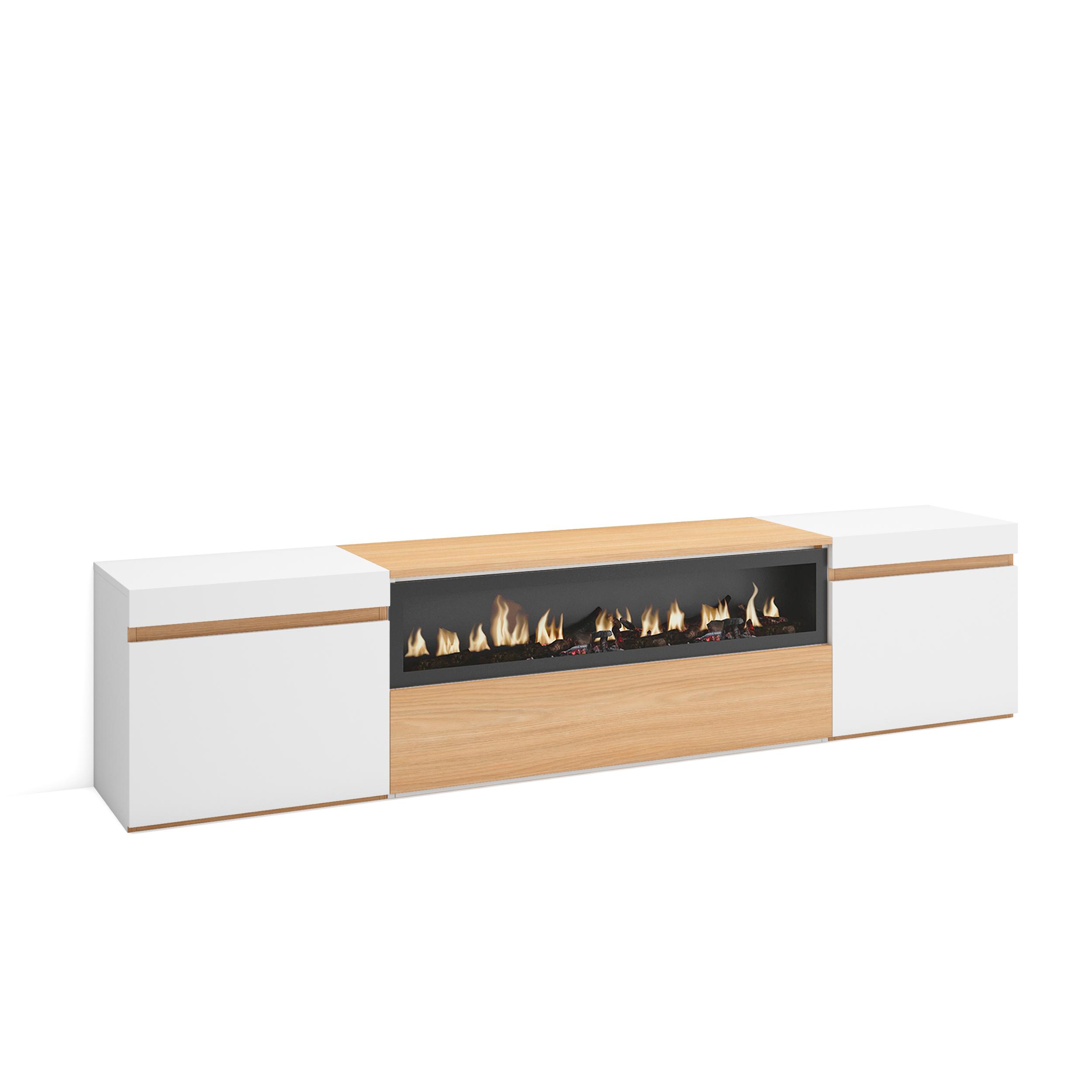foto del prodotto mobile tv soggiorno, 200x45x35cm, per tv fino a 80 quot , camino elettrico, rovere soft e bianco