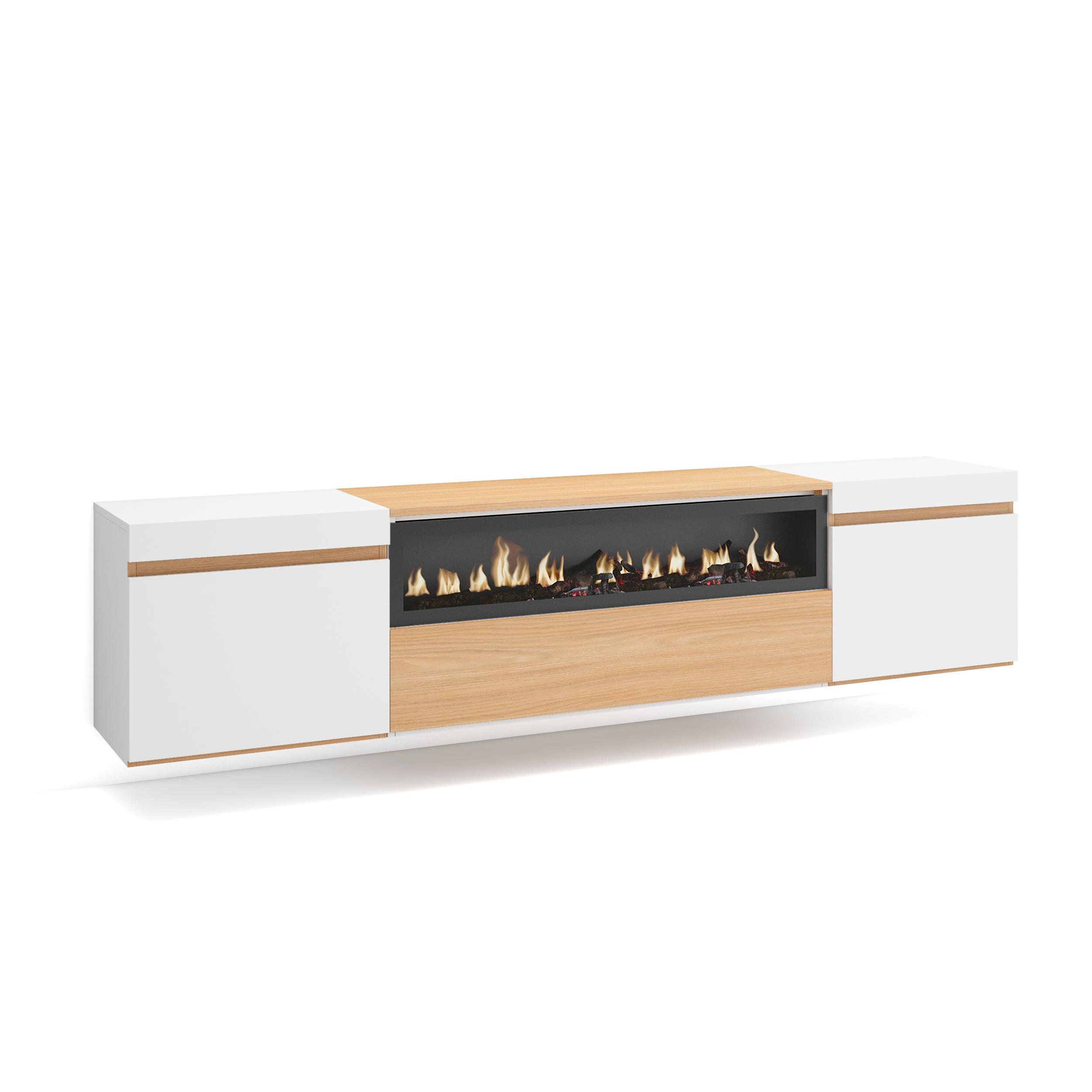 foto del prodotto mobile tv soggiorno, 200x45x35cm, per tv fino a 80 quot , camino elettrico, sospeso, da appendere, rovere soft e bianco