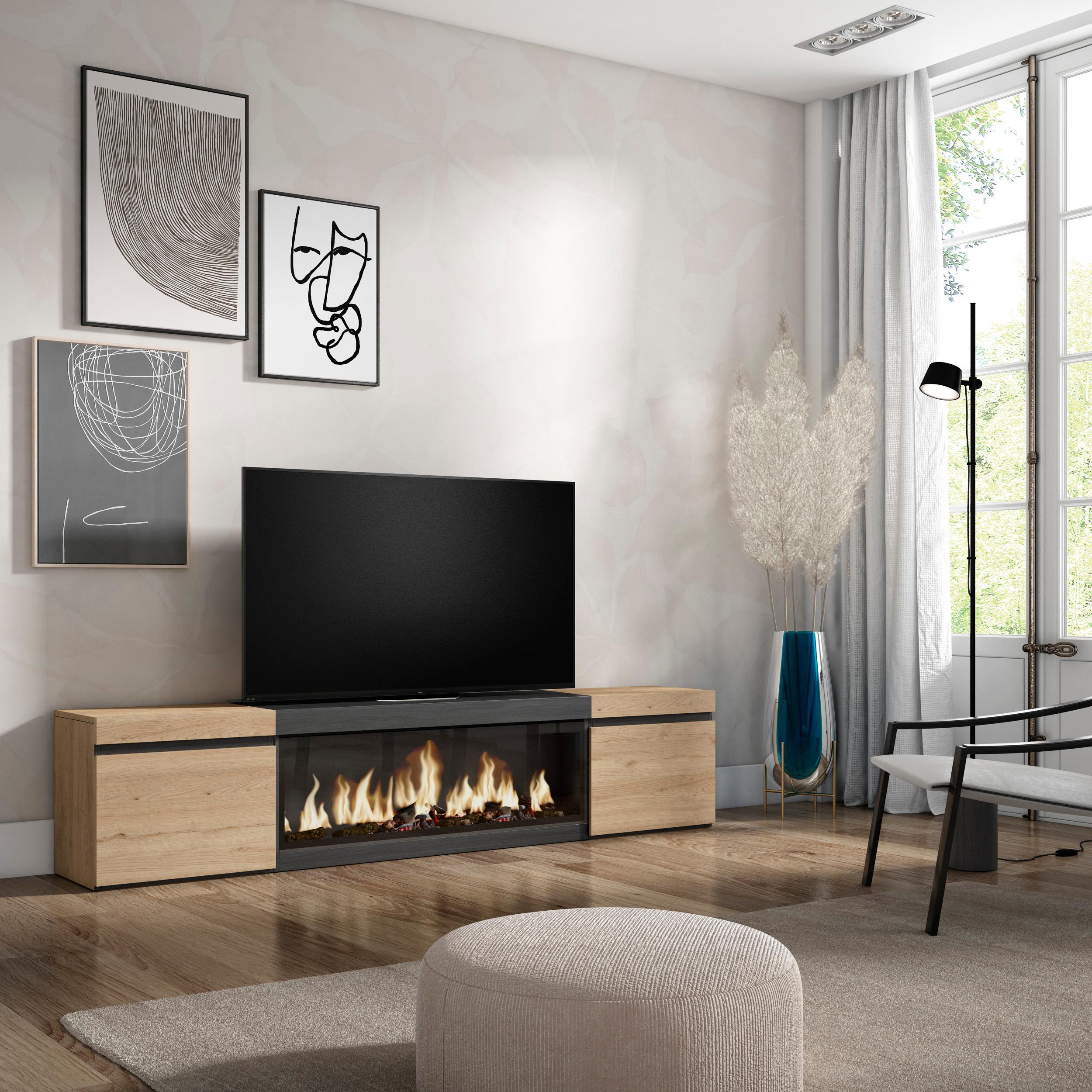 foto del prodotto mobile tv soggiorno, 208x35x45cm, per tv fino a 80, camino elettrico xxl, colore rovere e nero rf3265
