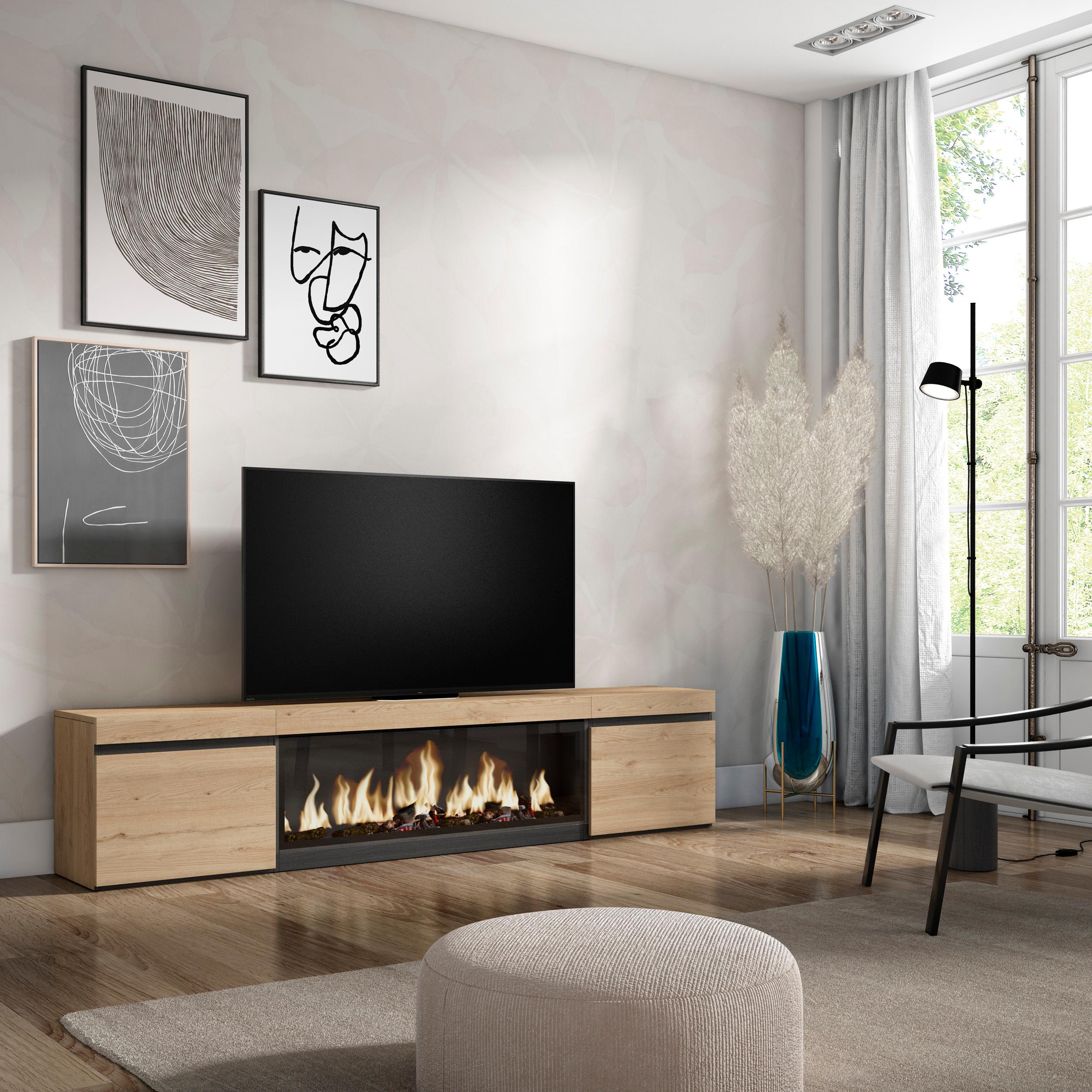 foto del prodotto mobile tv soggiorno, 208x35x45cm, per tv fino a 80"", camino elettrico xxl, colore rovere rf3274