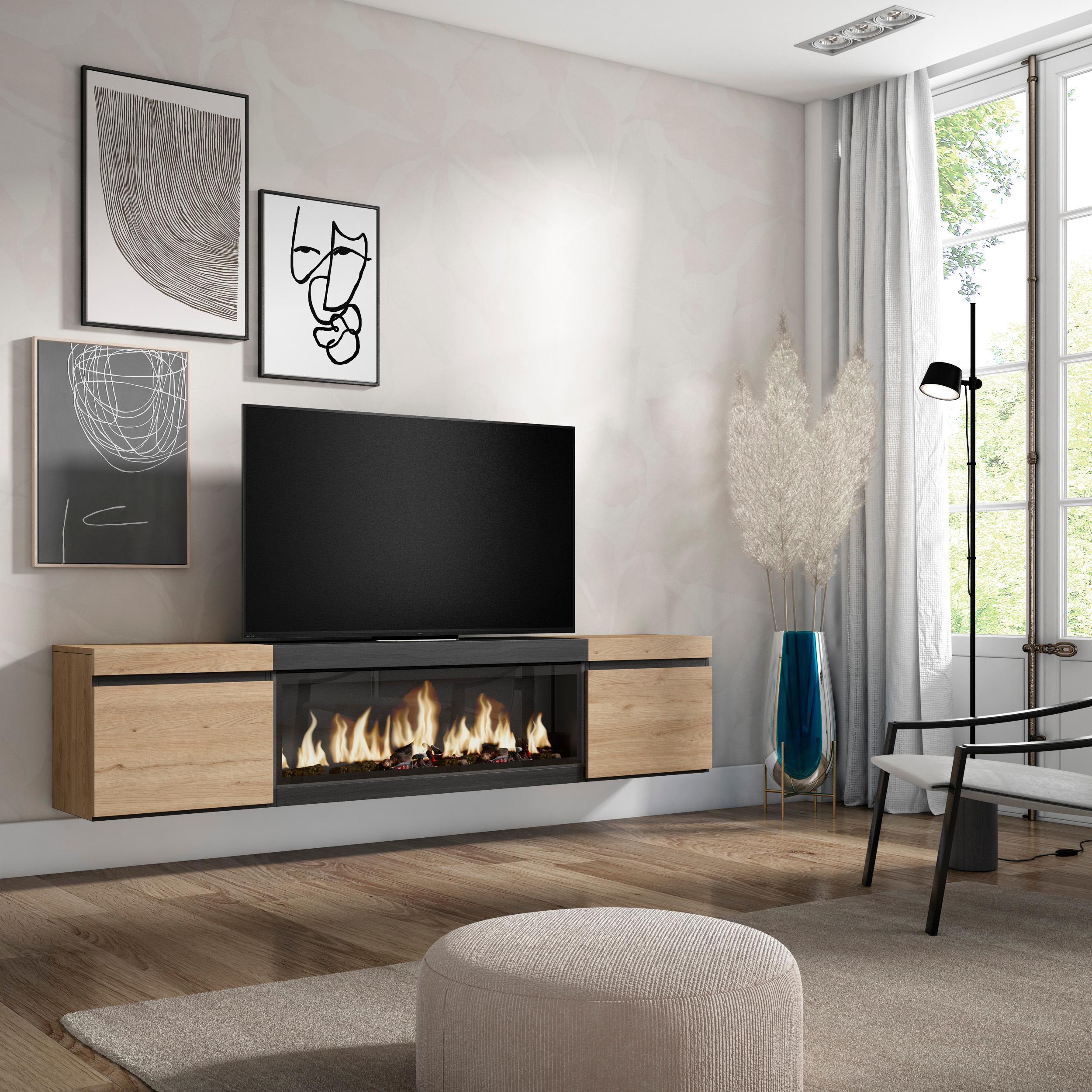 foto del prodotto mobile tv soggiorno, 208x35x45cm, per tv fino a 80, camino elettrico xxl, da appendere, colore rovere e nero rf3271